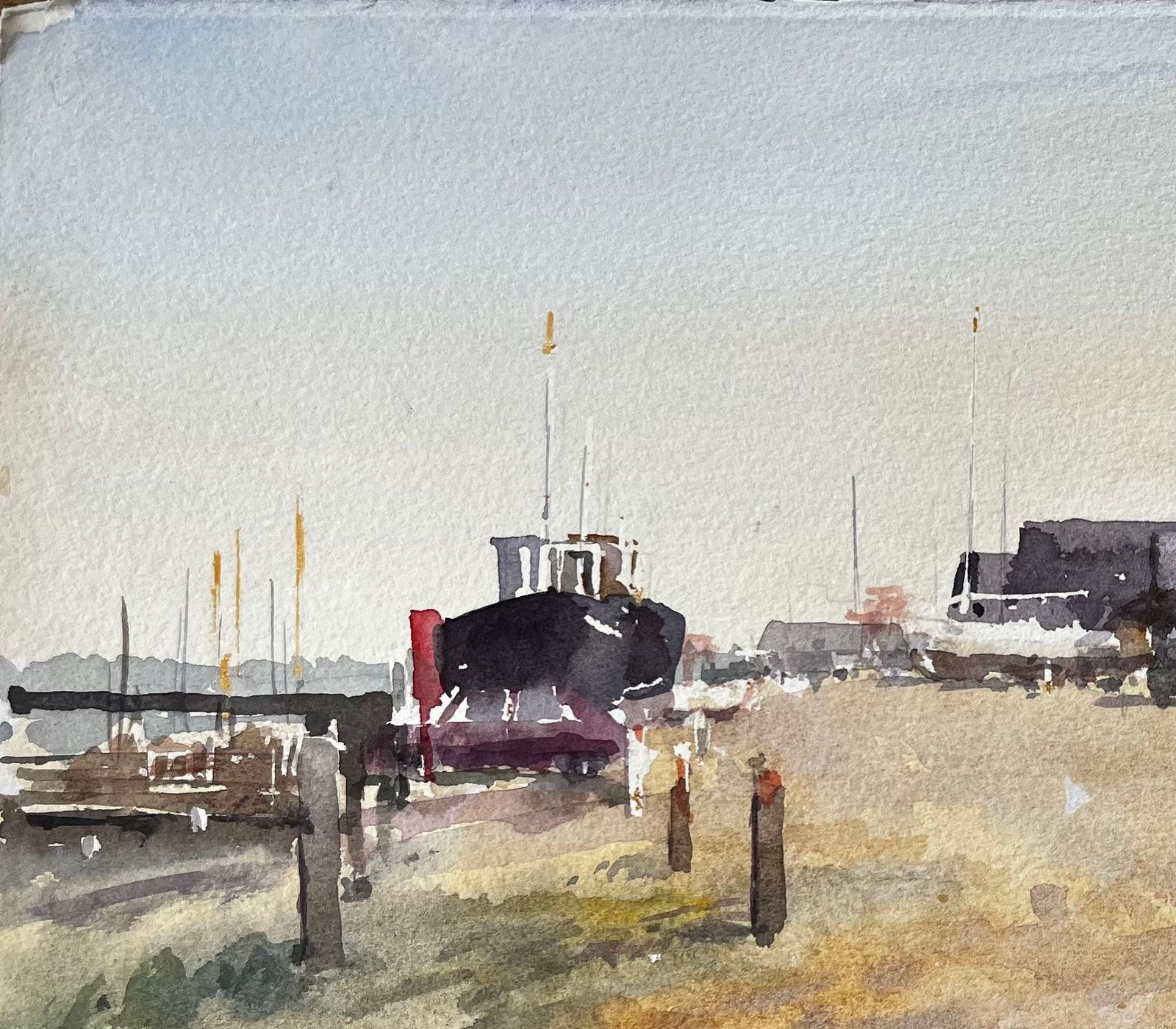 Anthony Herbert Coastal Boatyard With Fishing Huts Beached Boats And Red Flag Watercolour Scene photo 760.0