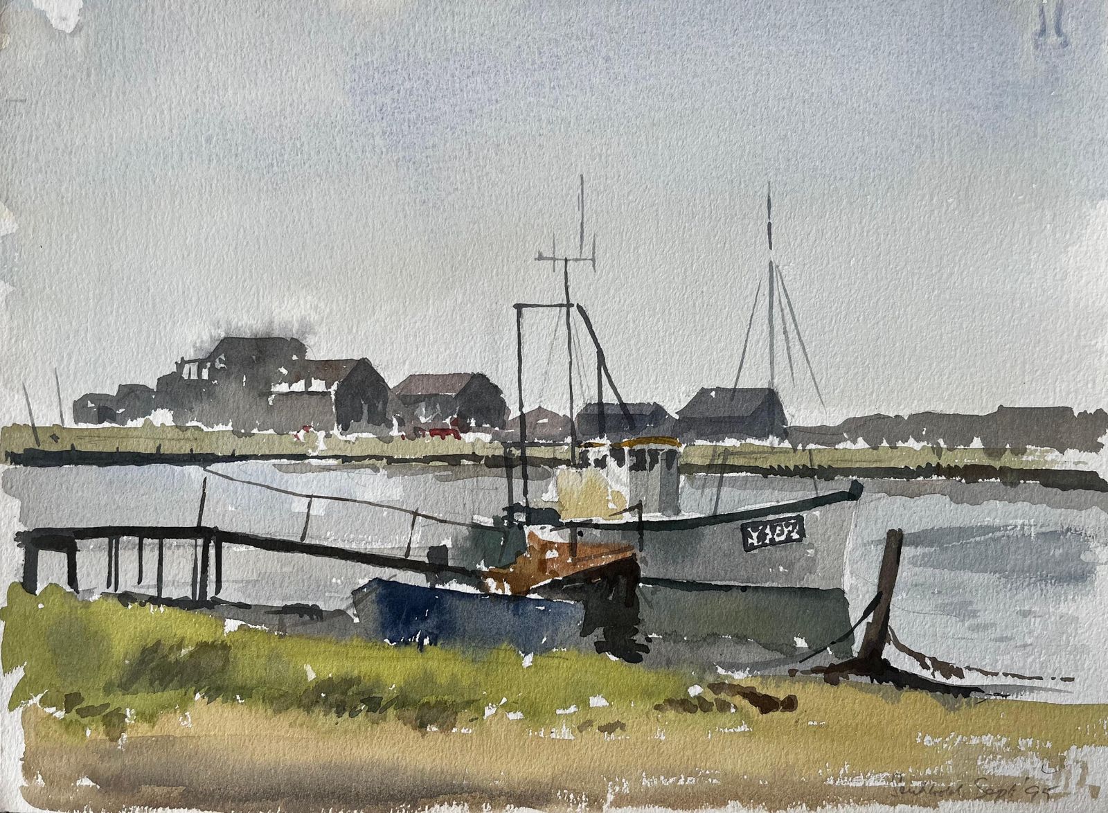 Anthony Herbert Southwold Harbour Fishing Boats And Jetty Coastal Watercolour Scene 1995