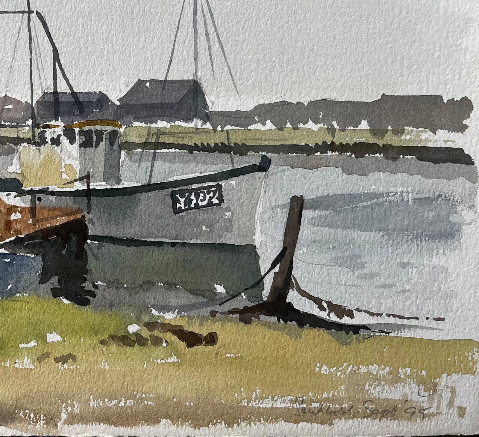 Anthony Herbert Southwold Harbour Fishing Boats And Jetty Coastal Watercolour Scene 1995 photo for sale