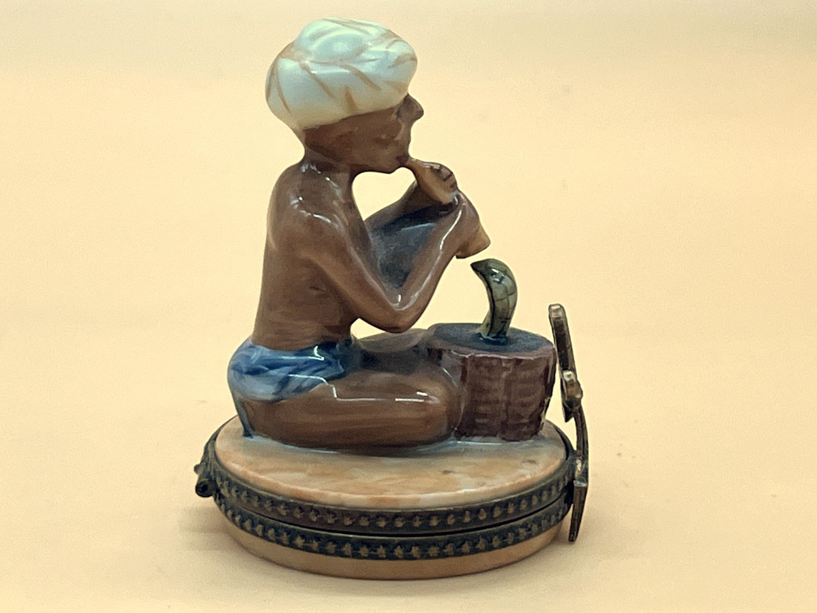 Limoges Porcelain France Snake Charmer Shaped Hand Painted Trinket / Jewelry Box. photo for sale