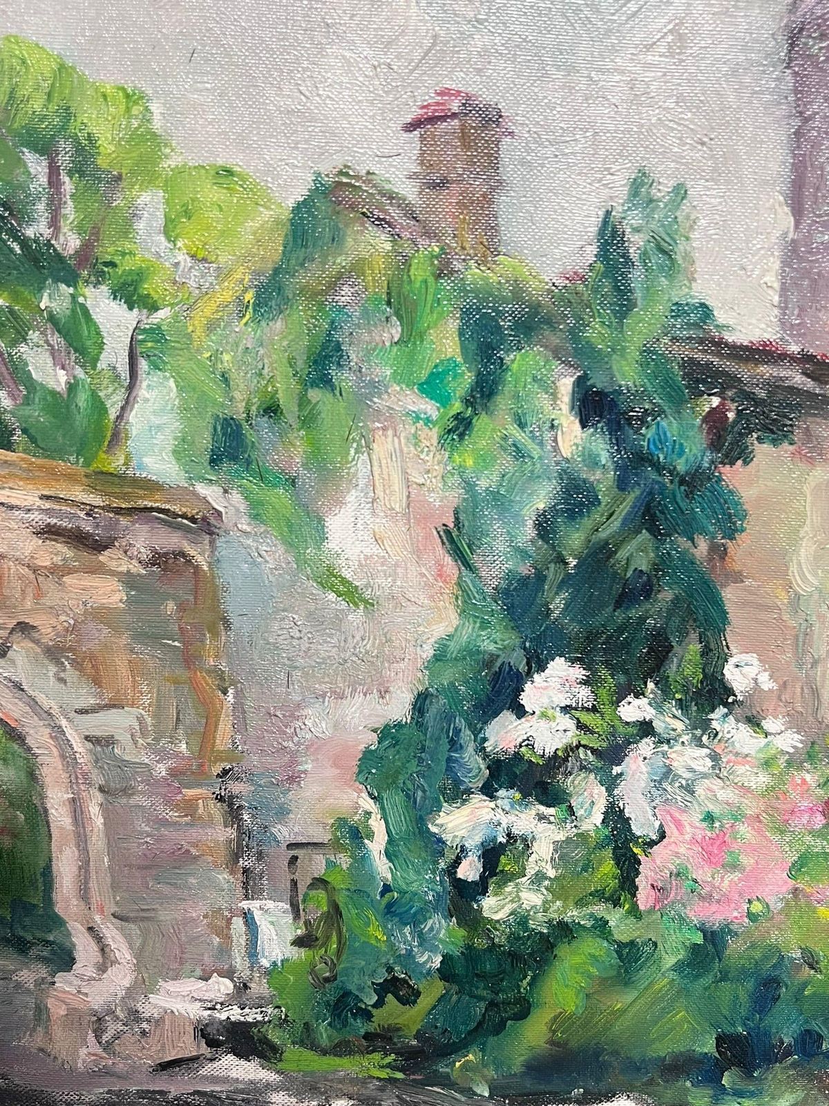 Mid 20th Cent French Post Impressionist Oil Old Fortress Chateau Flower Gardens 1950 photo Art