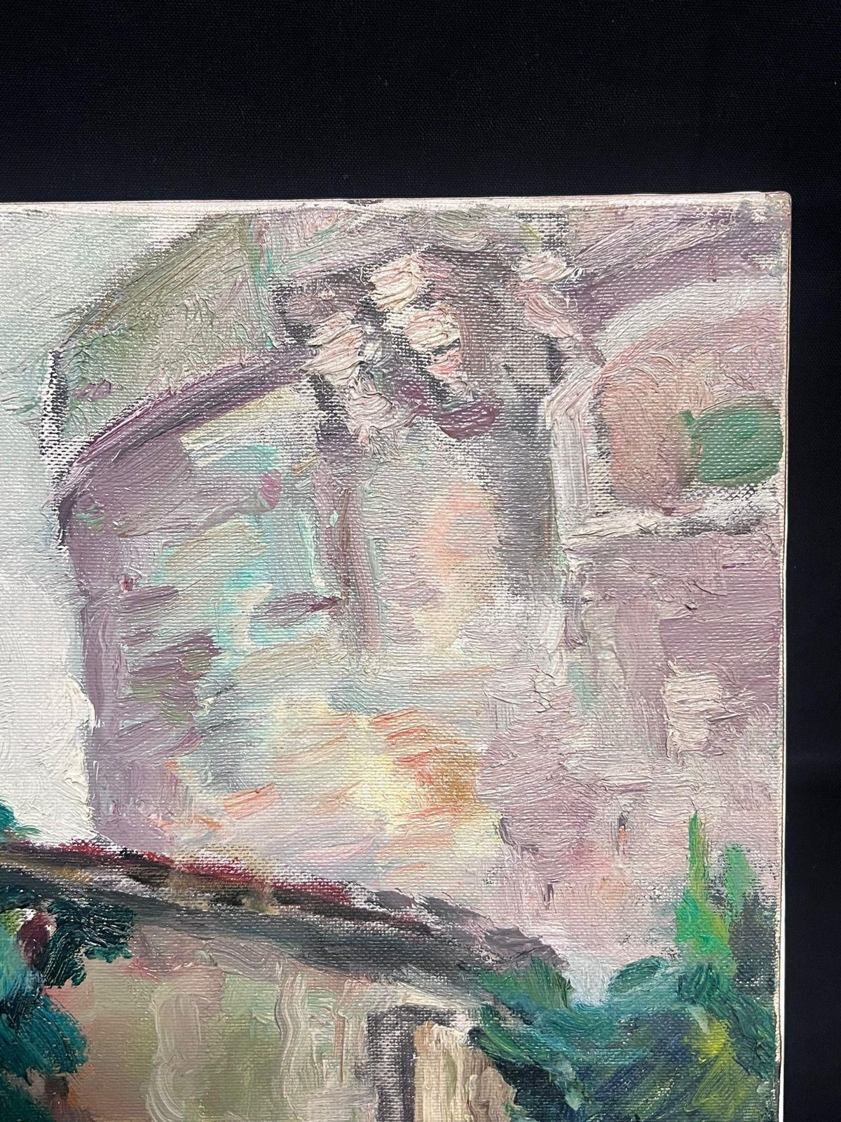 Mid 20th Cent French Post Impressionist Oil Old Fortress Chateau Flower Gardens 1950 photo vinterior