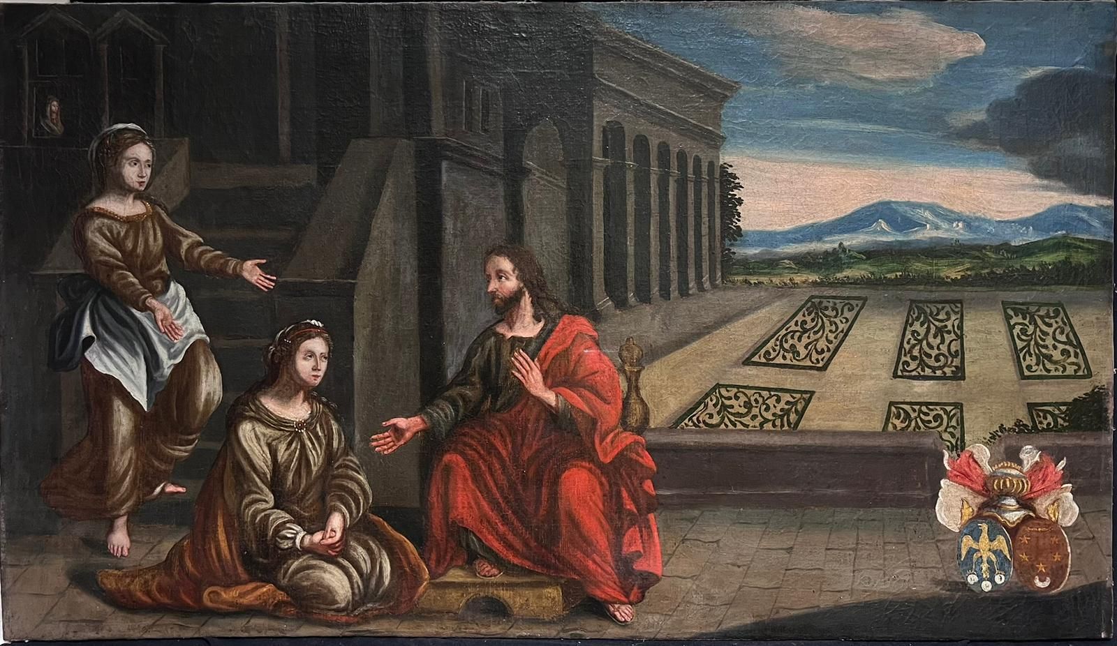 Italian 17th Century Old Master Huge I1600's Italian Old Master Oil On Canvas Jesus At House Of Mary & Martha 17th Century photo furniture