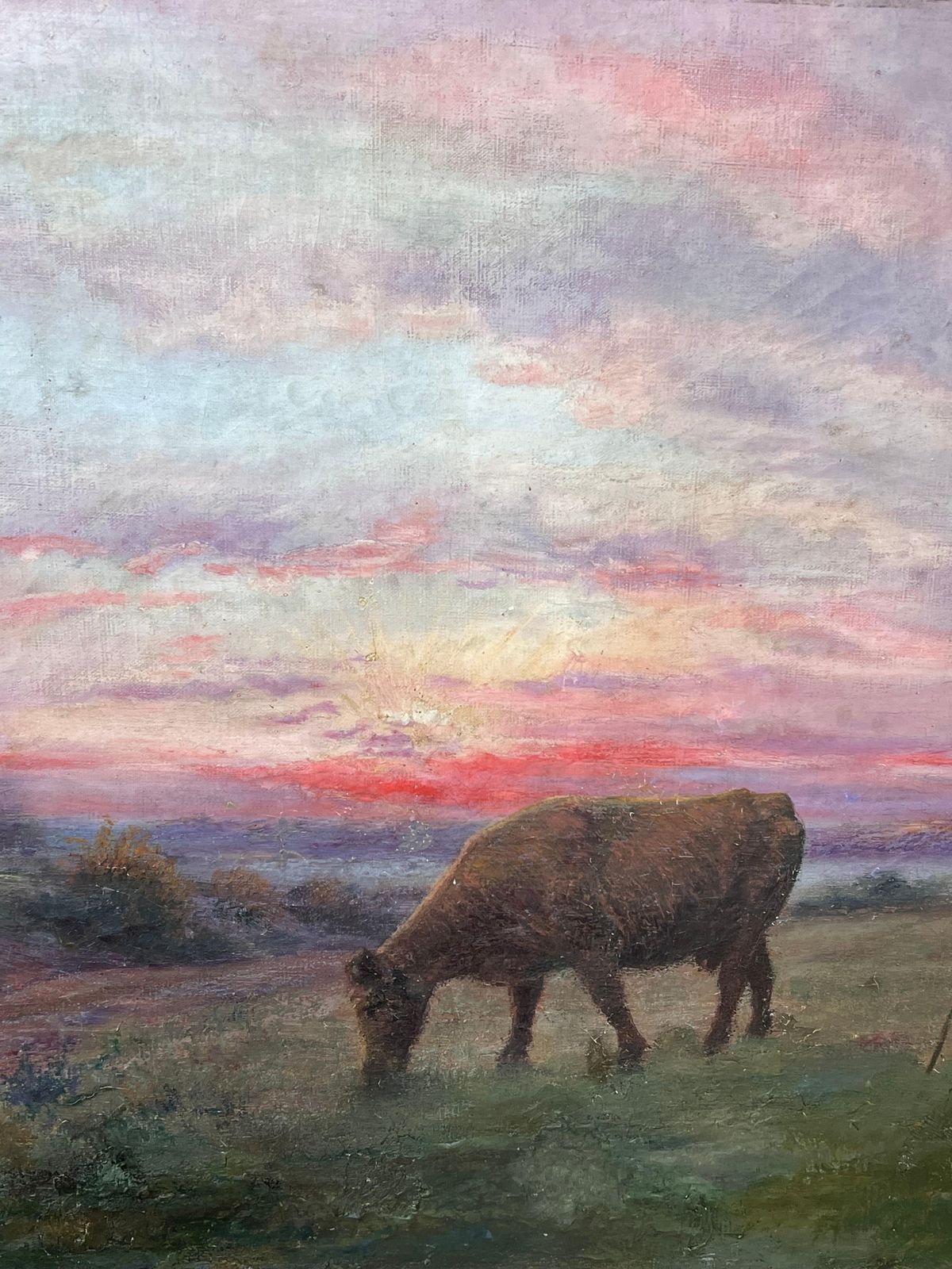 French School Antique French Romantic Signed Oil Painting Farmer & Cow Sunset Field Landscape photo Art