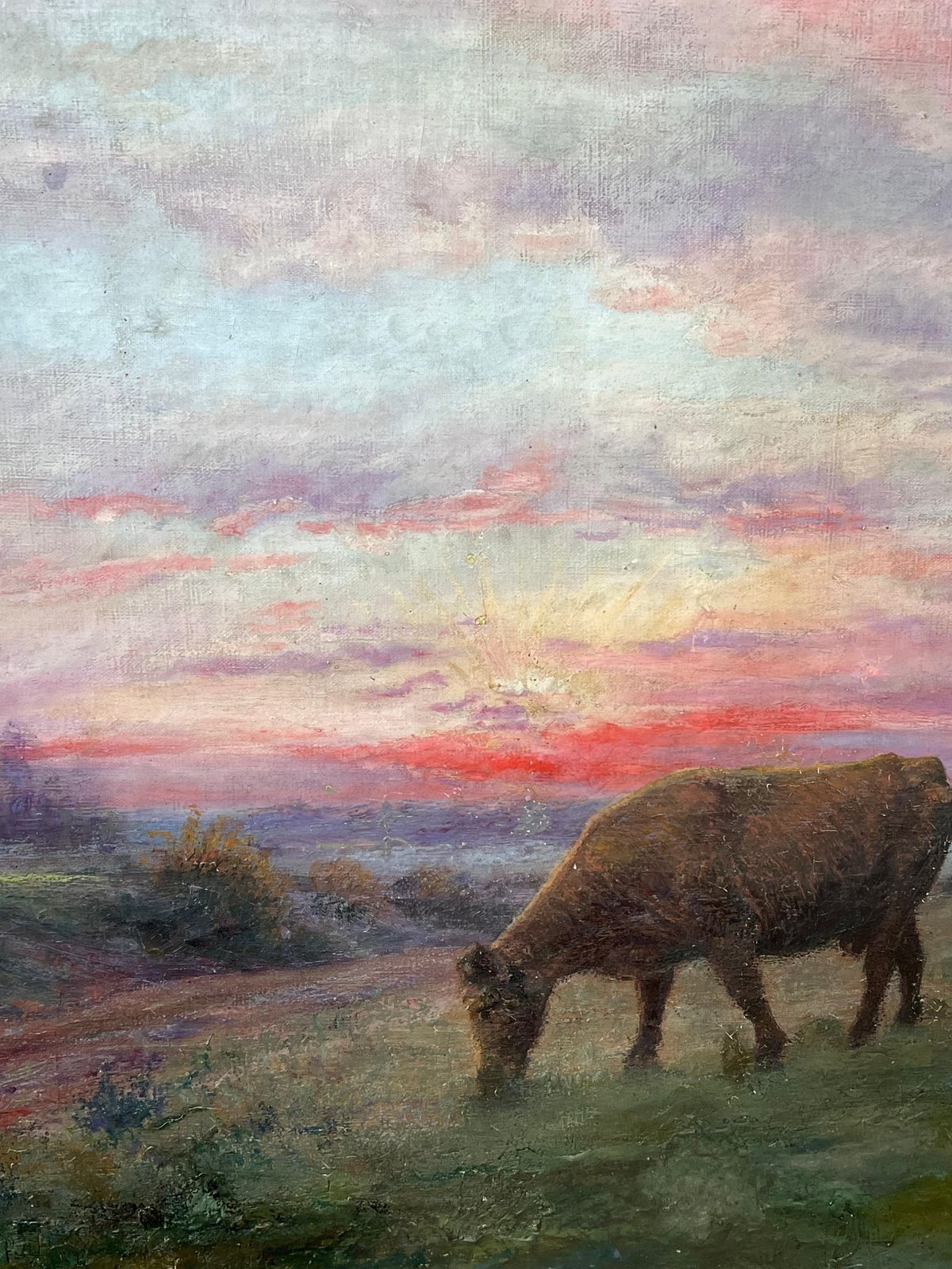 French School Antique French Romantic Signed Oil Painting Farmer & Cow Sunset Field Landscape photo buy