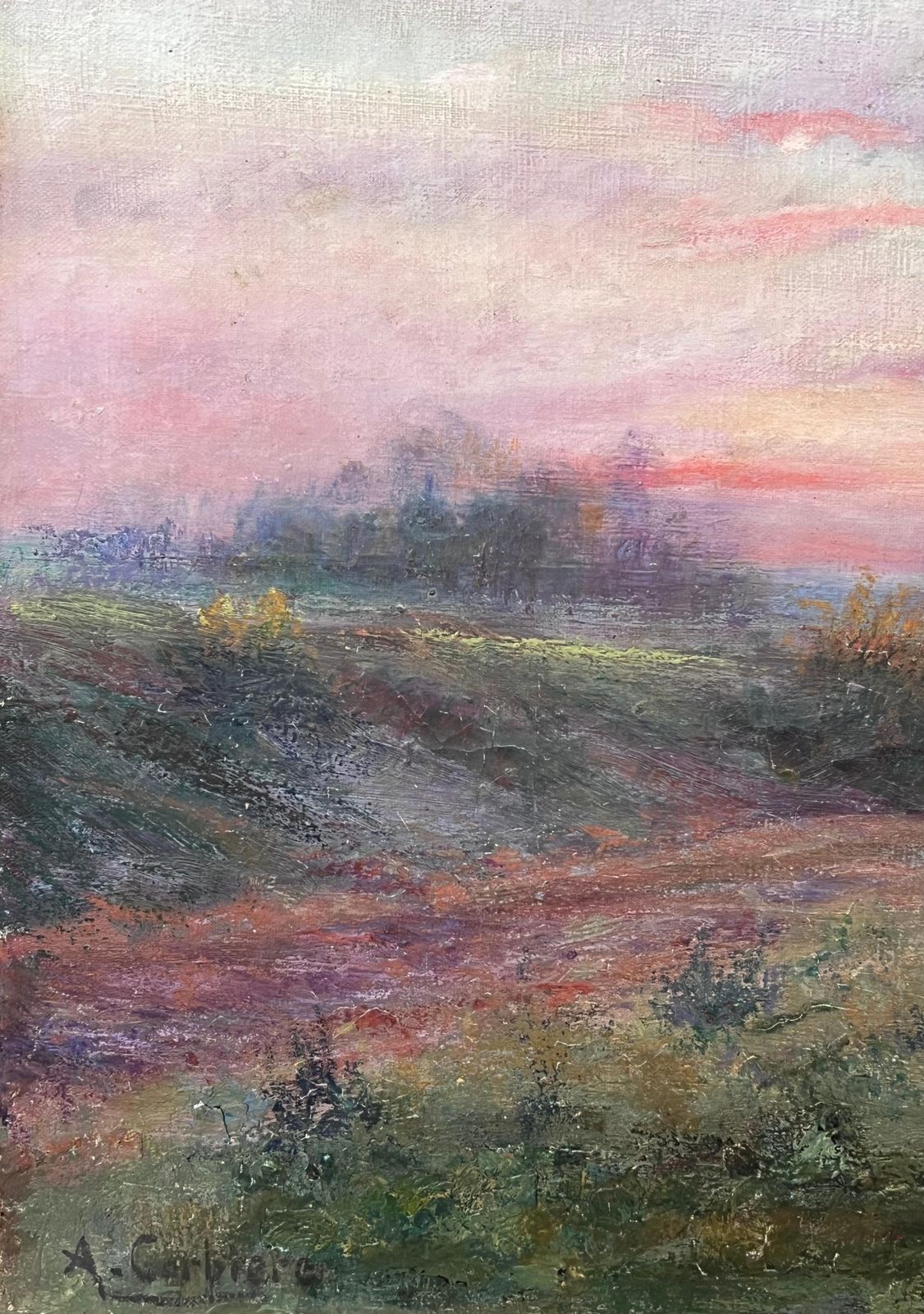 photo furniture French School Antique French Romantic Signed Oil Painting Farmer & Cow Sunset Field Landscape