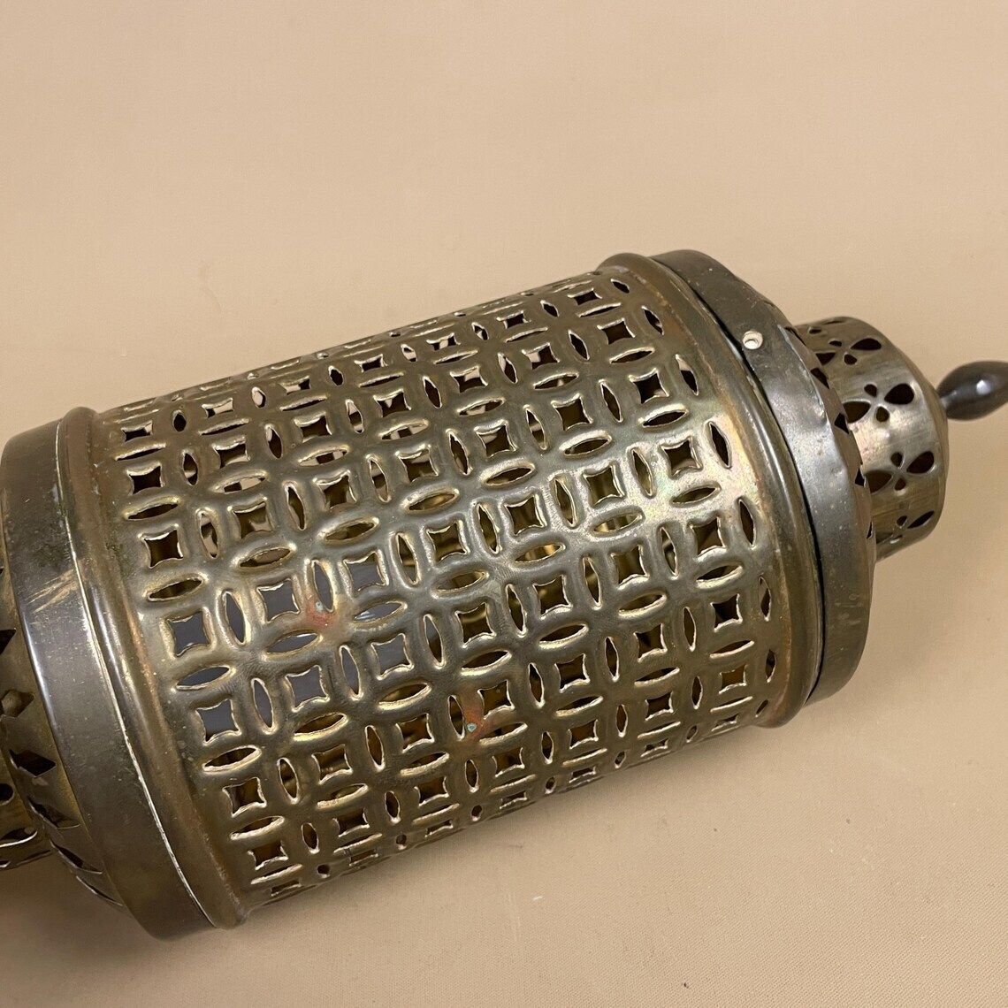 Antique Moroccan Brass Gold Metal Lamp Light Bedside Side Table Desk Ornate Detail Vintage Handmade Patterned Cylinder Lantern Marrakech Lid photo vintage