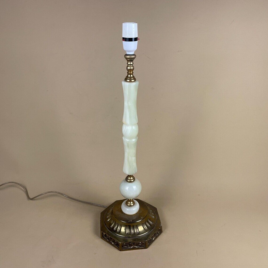 Antique Vintage Marble Stone Lamp Green Light Table Bedside Desk Lamp Colours Natural Patterns Ornate Octagon Base Onyx Brass Metal Gold