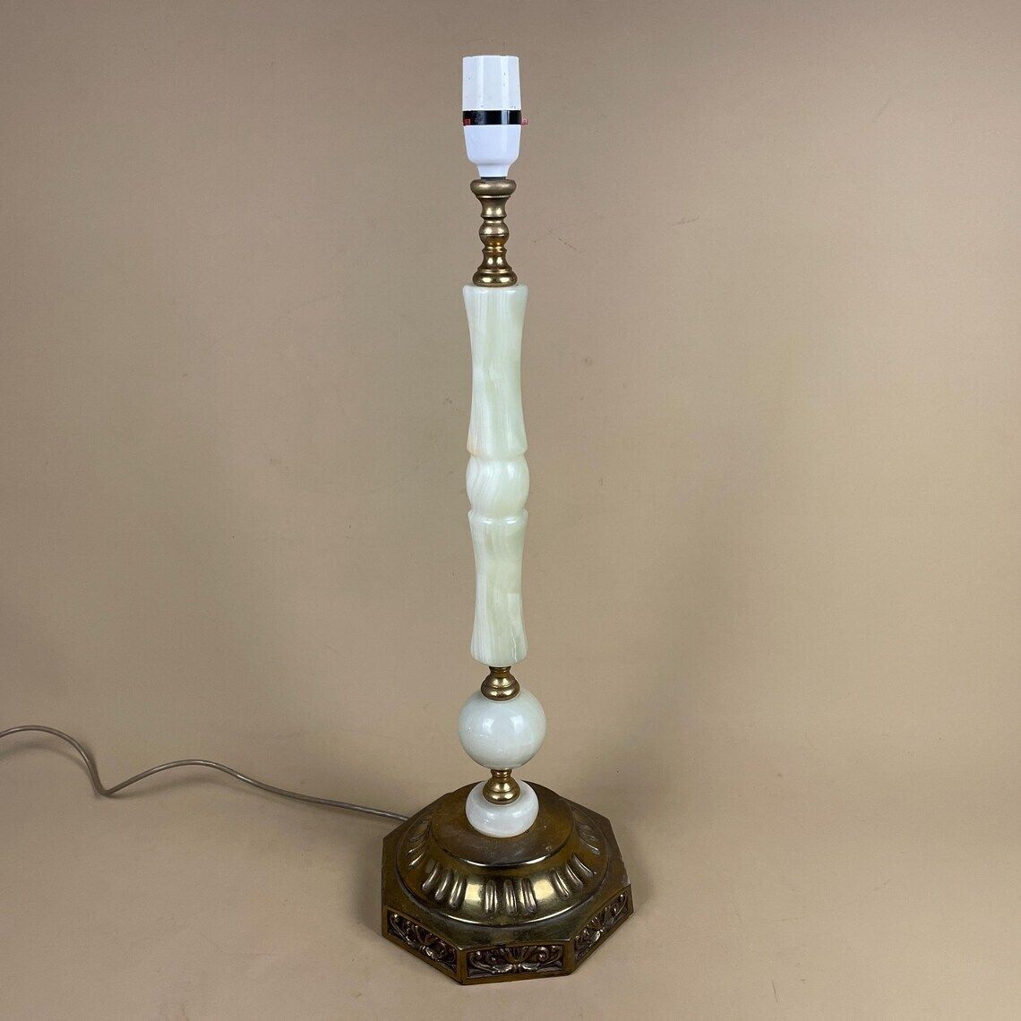 Antique Vintage Marble Stone Lamp Green Light Table Bedside Desk Lamp Colours Natural Patterns Ornate Octagon Base Onyx Brass Metal Gold photo furniture