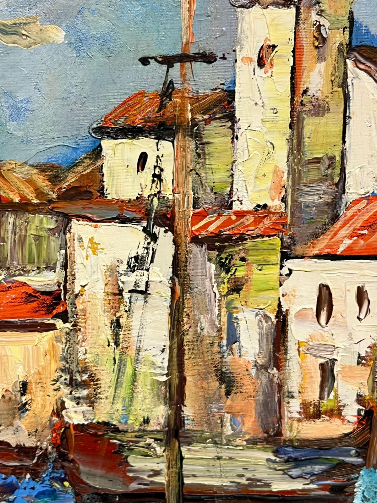 French School 1970's French Mediterranean Harbor Scene Vibrant Coastal Village Boats Figures photo buy