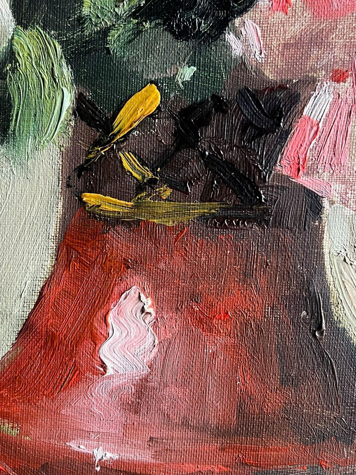 French School Mid 20th Century French Vintage Floral Still Life With Roses In A Red Vase photo for sale