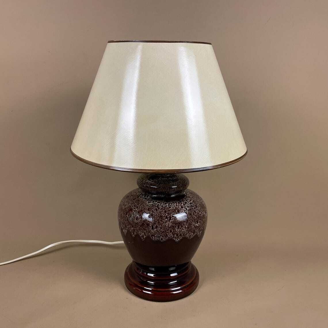 Ceramic Table Lamp Light Brown Mottled Speckled Round Glaze Finish C.1970's Porcelain Bedside Abstract Antique Vintage Marbled Lampshade