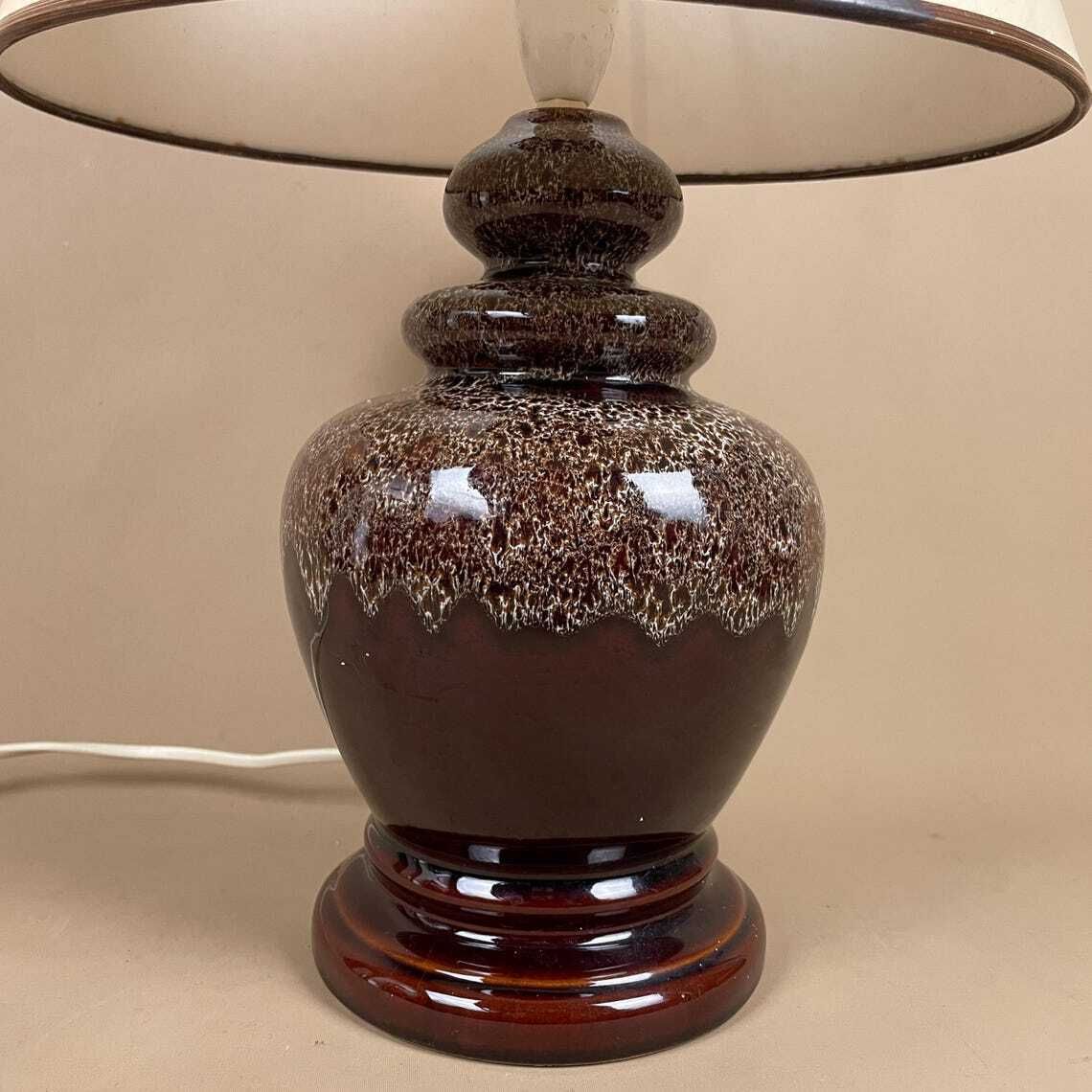 Ceramic Table Lamp Light Brown Mottled Speckled Round Glaze Finish C.1970's Porcelain Bedside Abstract Antique Vintage Marbled Lampshade photo 106.0