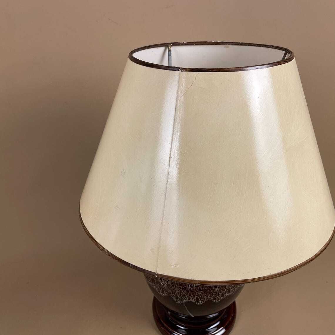 Ceramic Table Lamp Light Brown Mottled Speckled Round Glaze Finish C.1970's Porcelain Bedside Abstract Antique Vintage Marbled Lampshade photo vintage