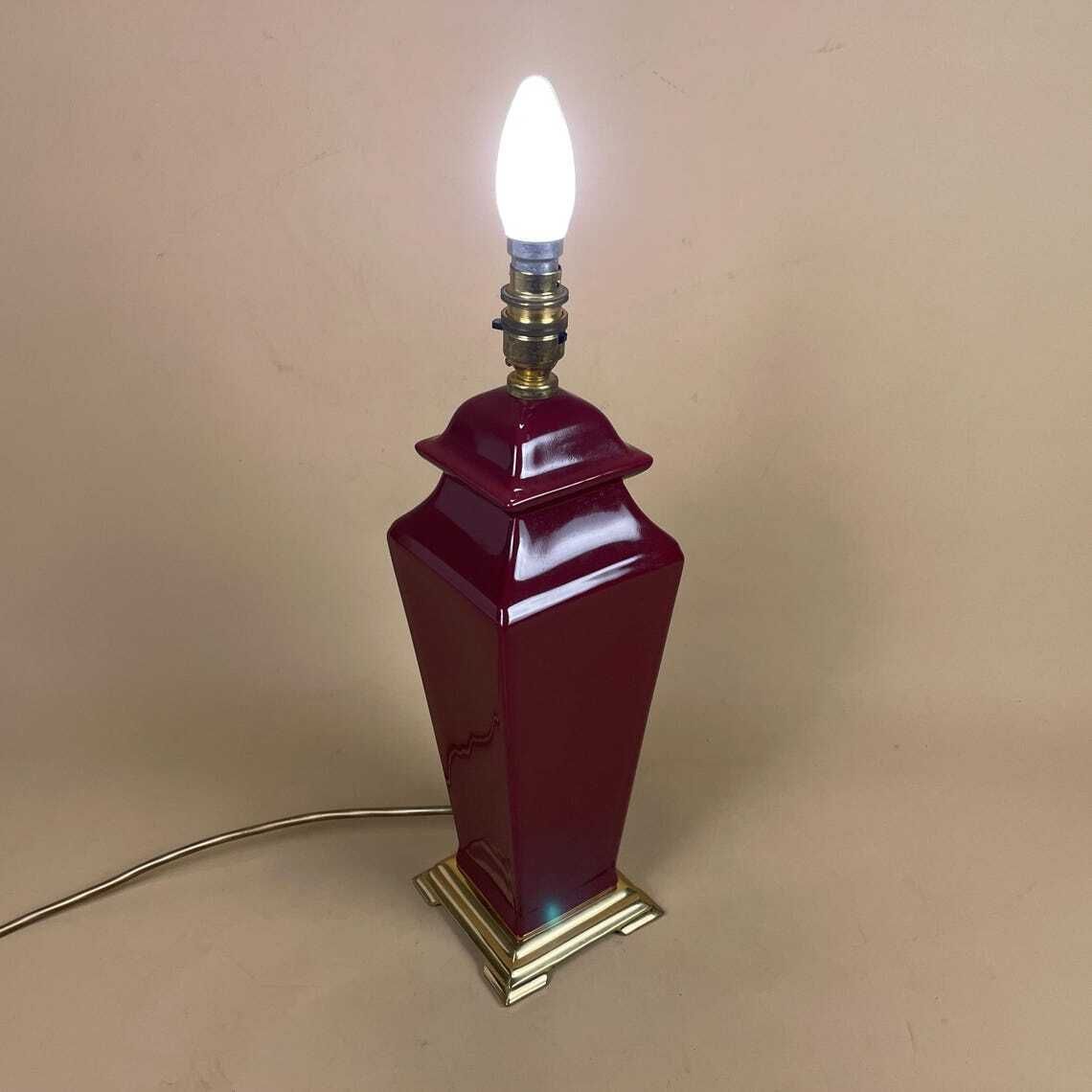 photo furniture Ceramic Lamp Light Bedside Table Glazed Dark Burgundy Red Antique Gold Brass Metal Base Vase Vintage Elegant Classic