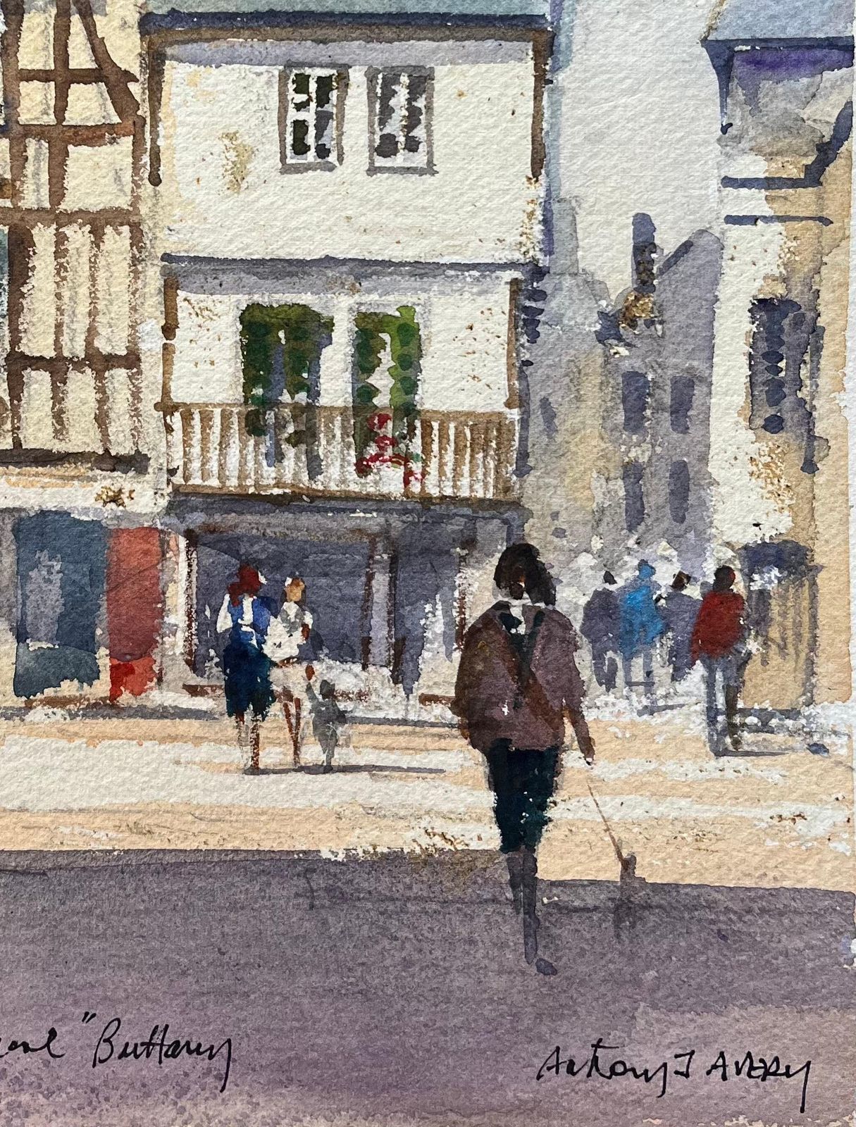 Anthony Avery British Impressionist Watercolor Of A Busy Street In Lannion Square, Brittany photo for sale