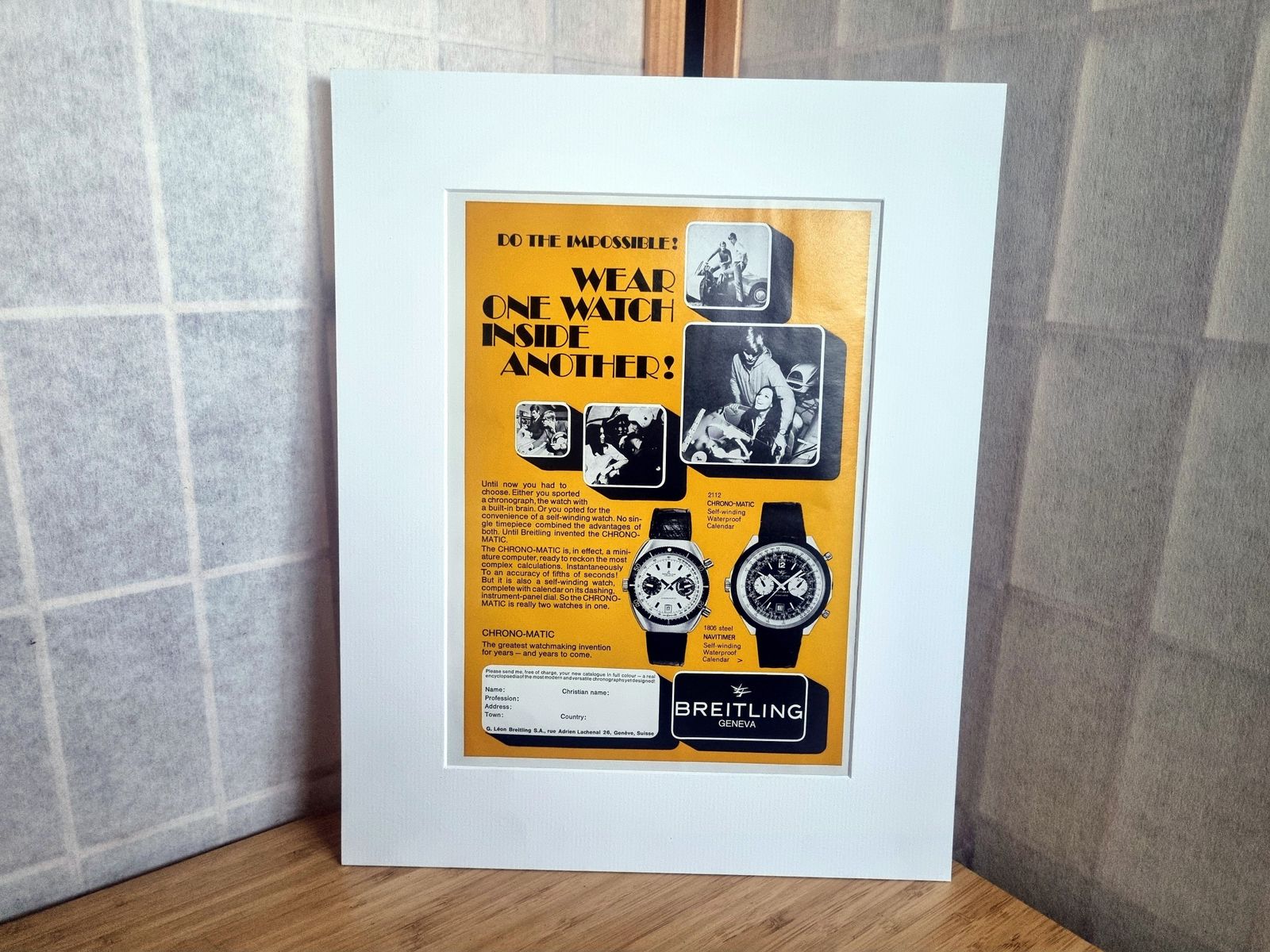 Vintage Watch Print Advertisement, Breitling Chrono Matic, 1960s Swiss Watch Magazine Ad Mounted
