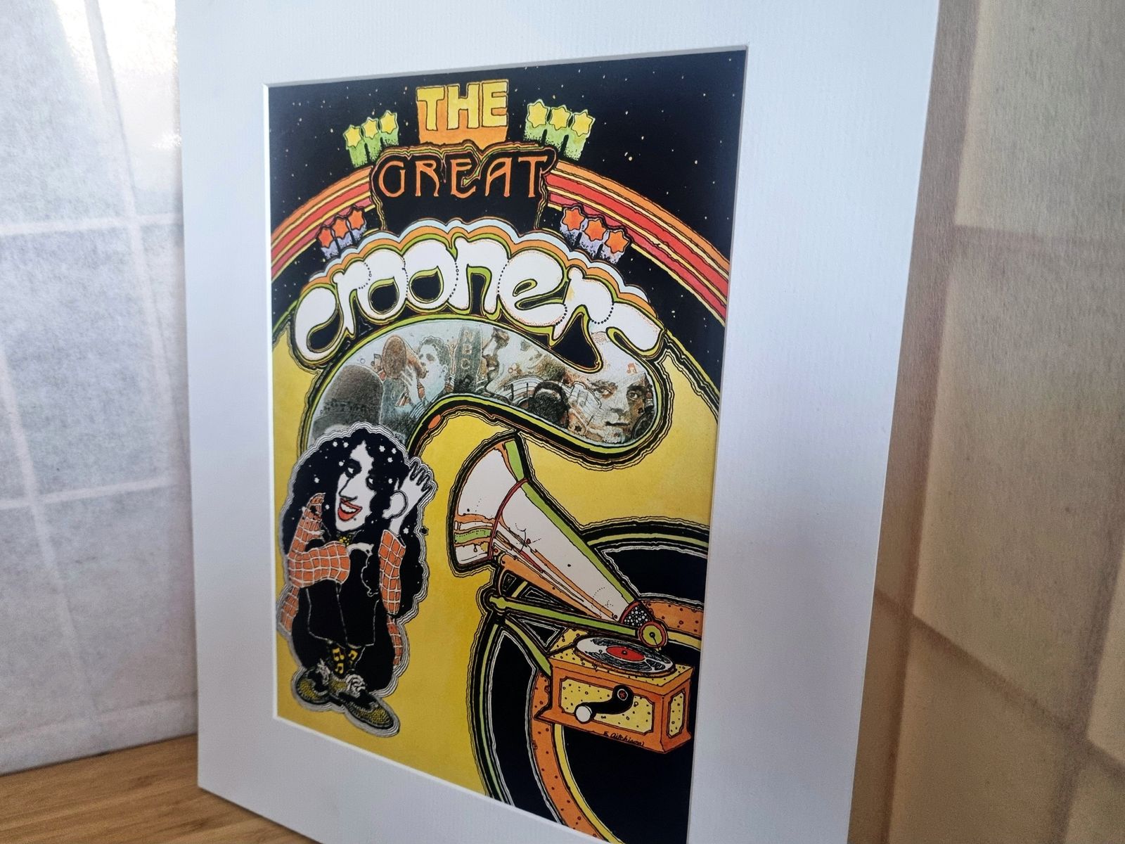 Vintage Magazine Illustration Art Print, Ed Aitchison The Great Crooner Artwork, Psychedelic Music Scene Mounted photo for sale