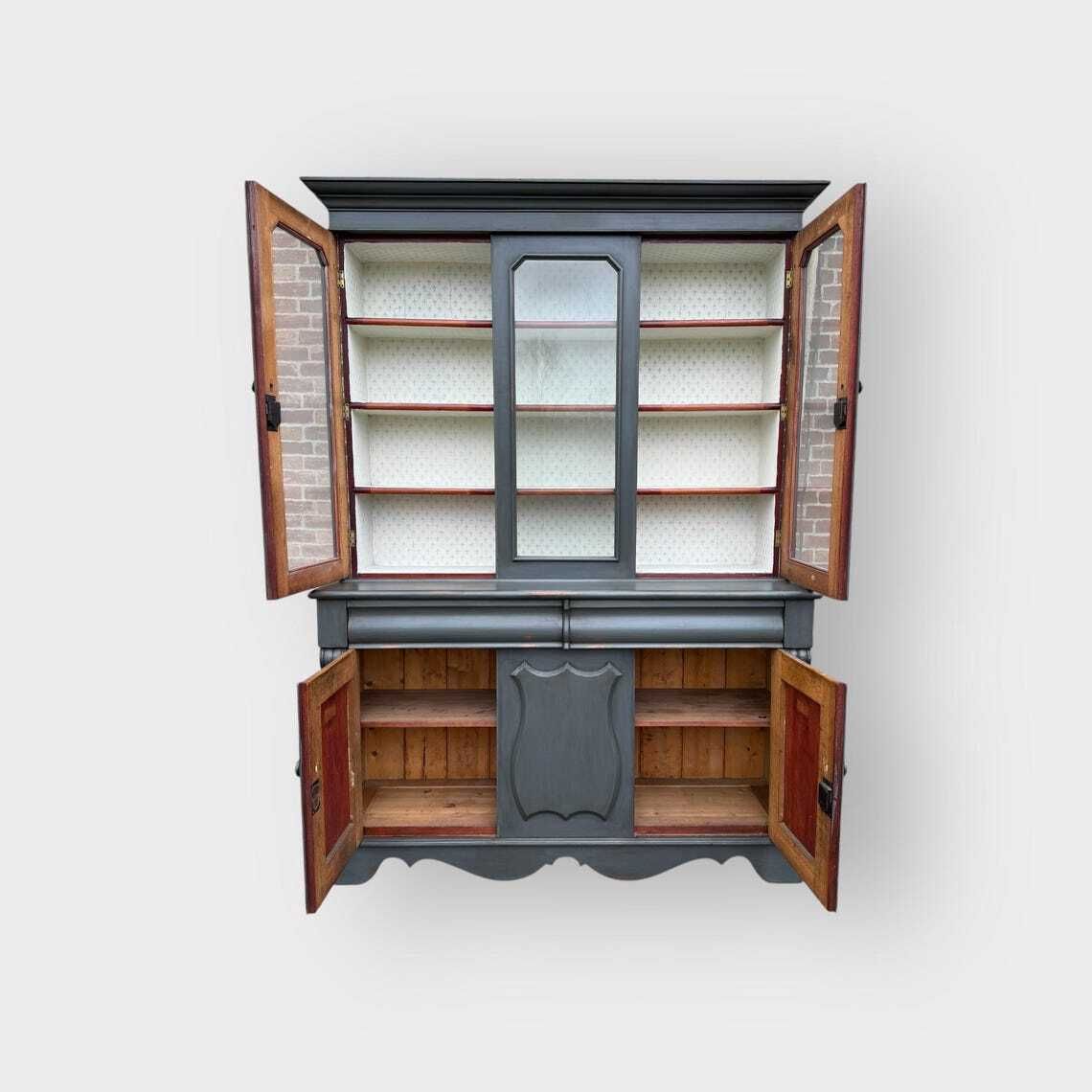Antique Painted 3 Door Glazed Bookcase Cupboard Glazed Display Bookcase photo vintage