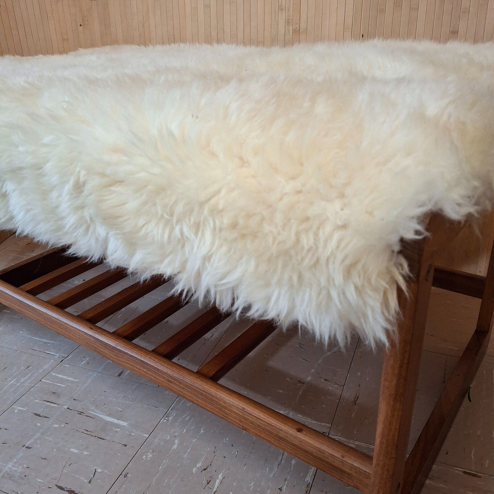 Fab Vintage Retro Bench Seat Boot Room Hall Gym Shoe Rack Teak Cream Sheepskin photo 325.0