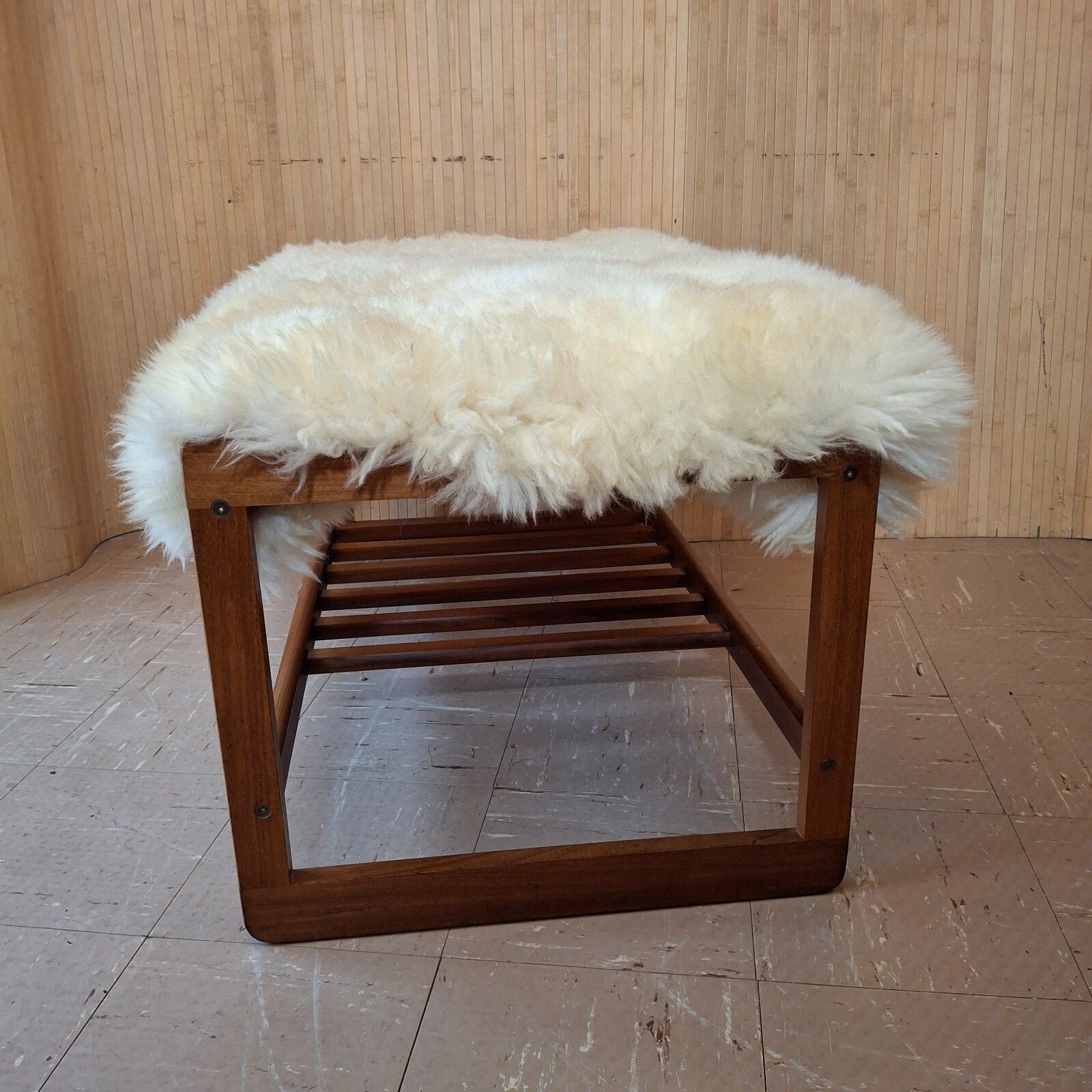 photo for sale Fab Vintage Retro Bench Seat Boot Room Hall Gym Shoe Rack Teak Cream Sheepskin