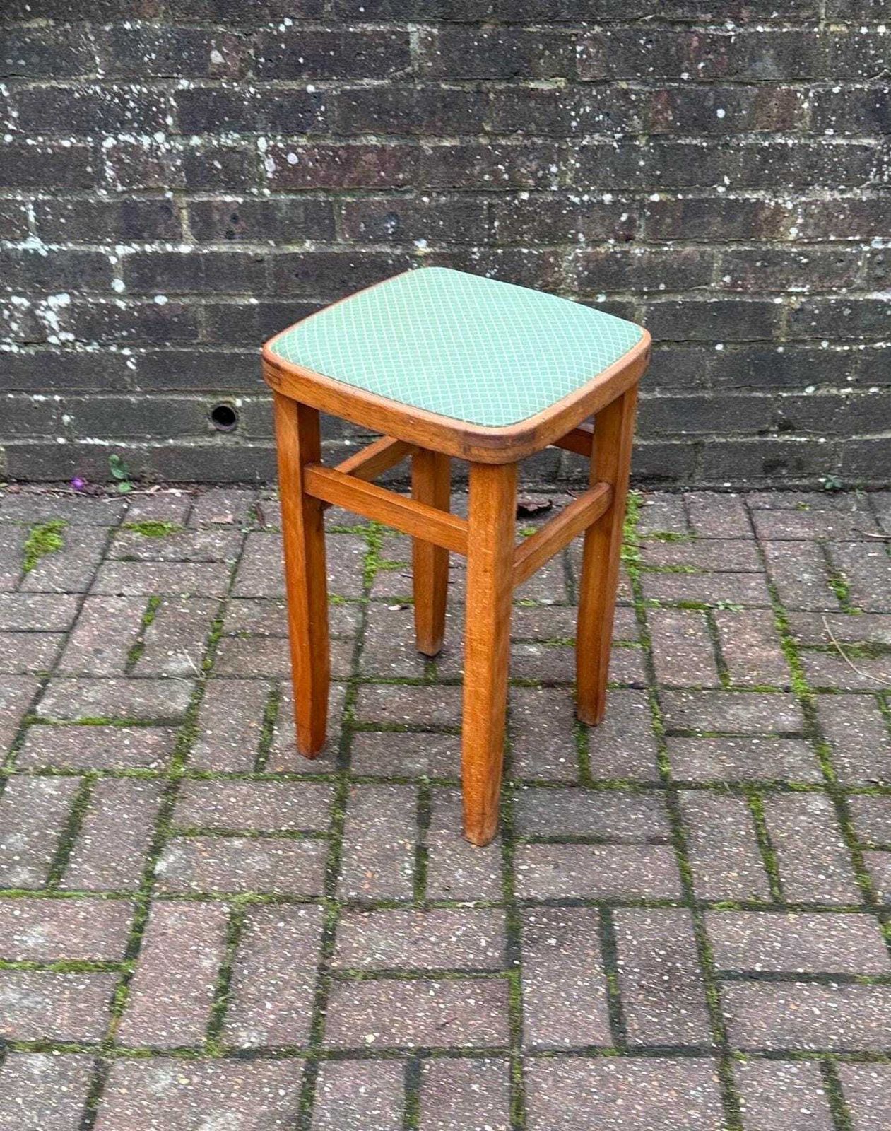 Vintage Wooden Green Vinyl Upholstered Stool 1950s–1970s Mid Century Utility Kitchen Stool