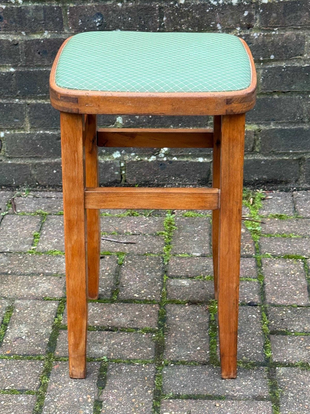 photo buy Vintage Wooden Green Vinyl Upholstered Stool 1950s–1970s Mid Century Utility Kitchen Stool