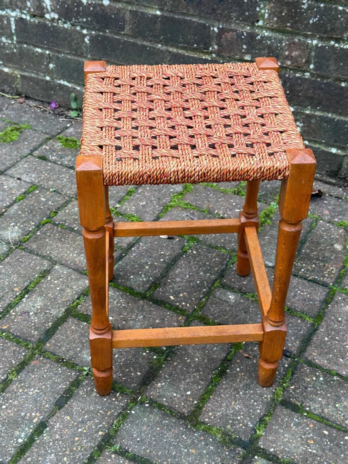 Vintage String Seat Stool 1970s 1980s Country Cottage Wooden Footstool photo 95.0