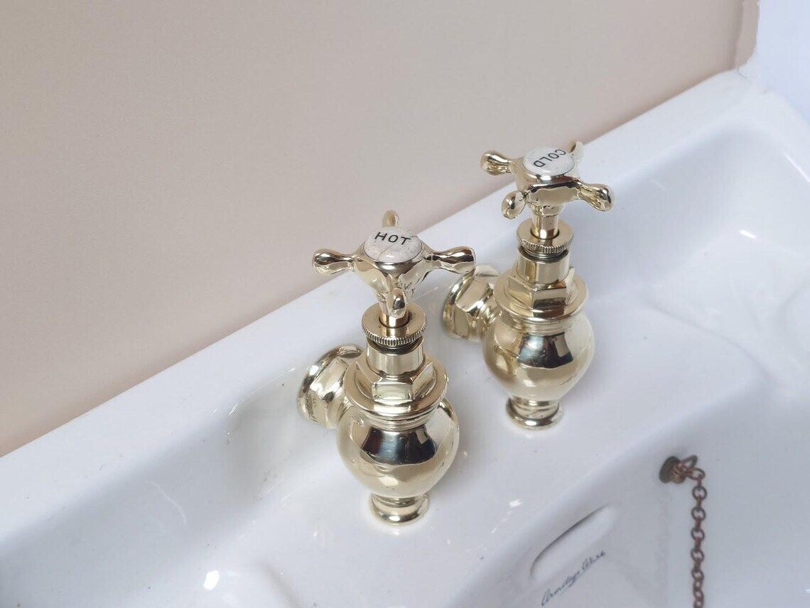 Victorian Brass Globe Bath Taps, Polished And Overhauled