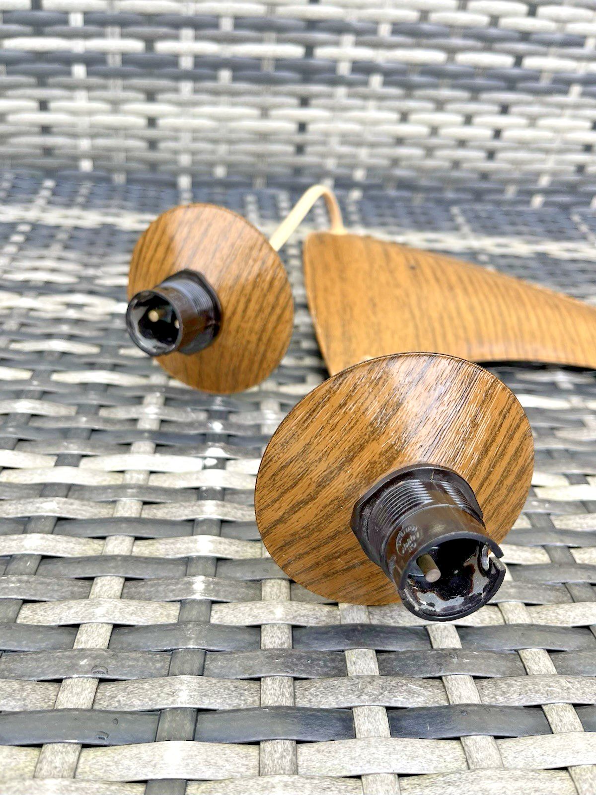 photo furniture Mid Century Modern 60's Scandi Danish Faux Teak Wood Boomerang 3 Ceiling Light