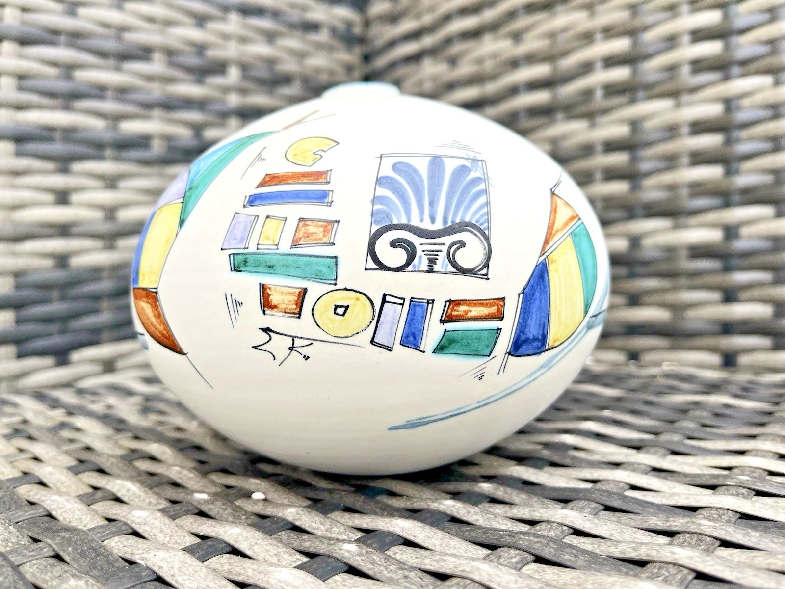 Mid Century Modern Abstract Pottery Squat Vase Signed Ek Italian 50's 60's 70's photo for sale