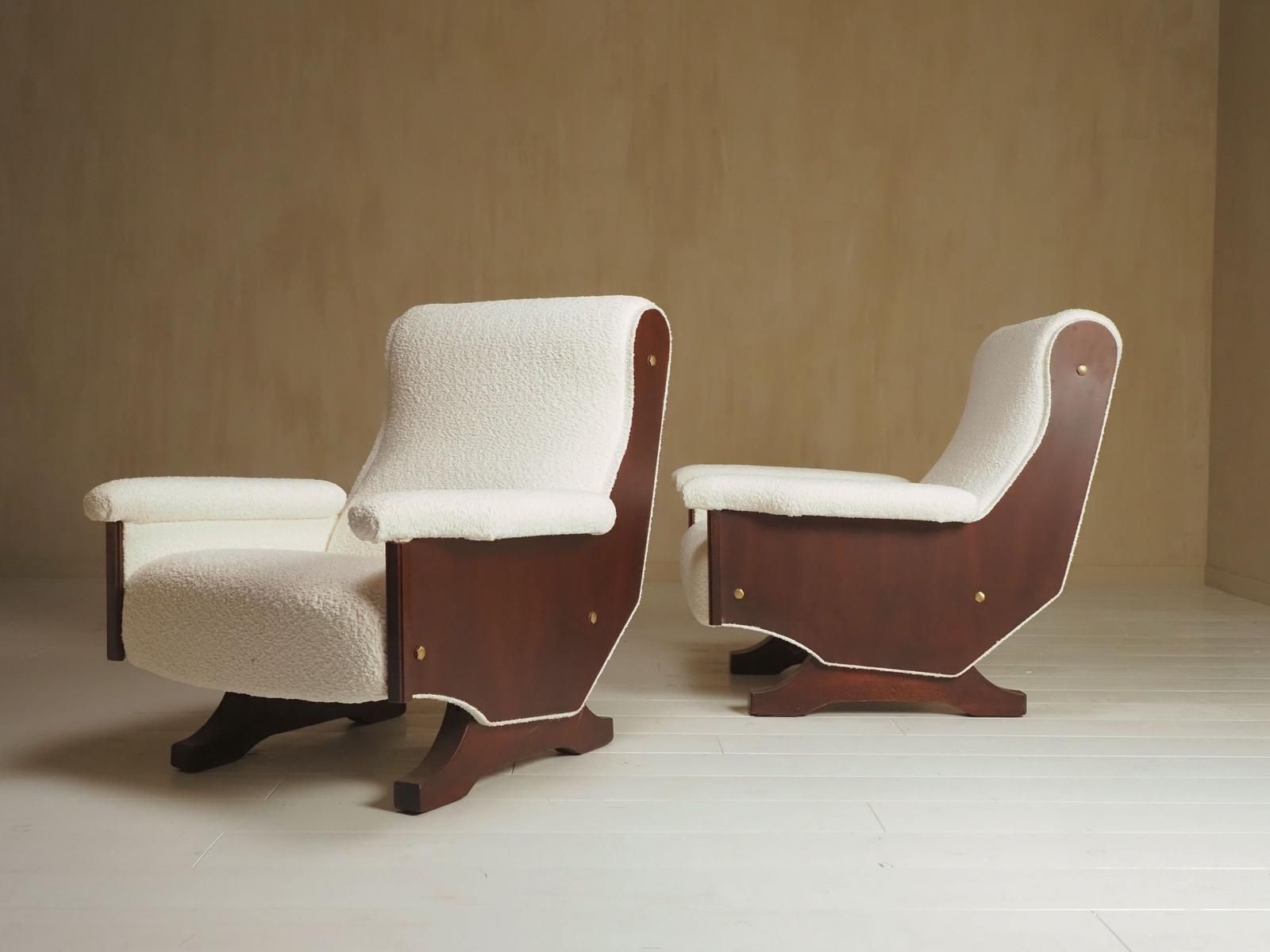 Pair Of Italian 1960's Modern Walnut & Boucle Armchairs photo for sale