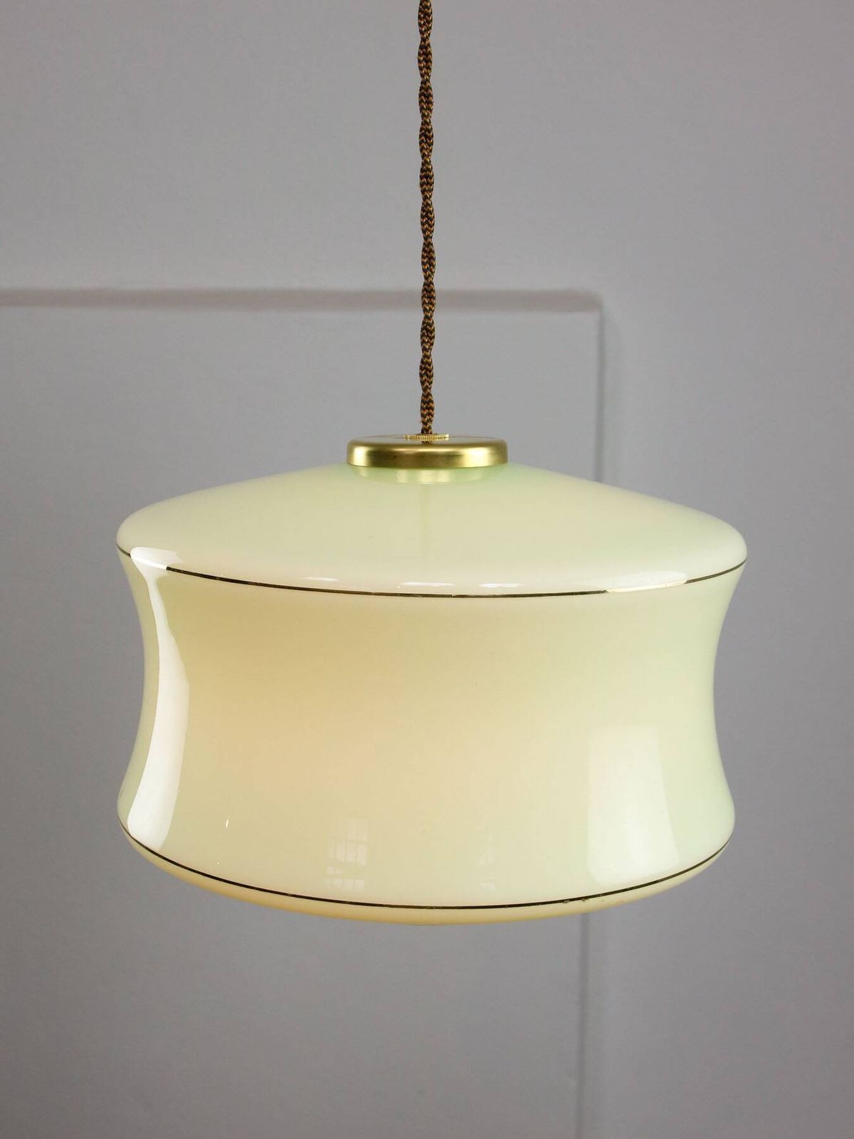 Mid Century Italian Brass And Green Glass Pendant Lamp photo vintage