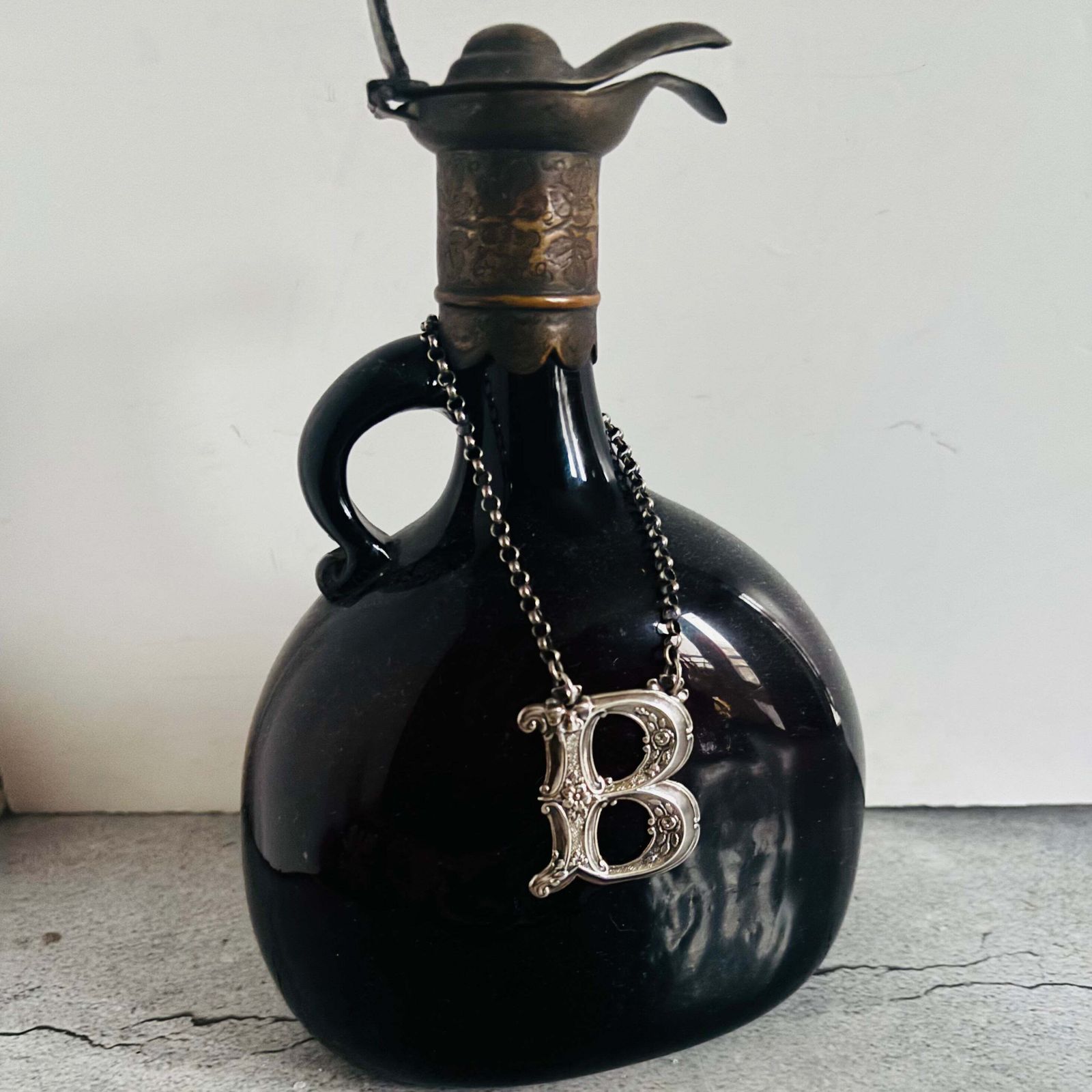 Antique Silver Letter B Brandy Decanter Label photo buy