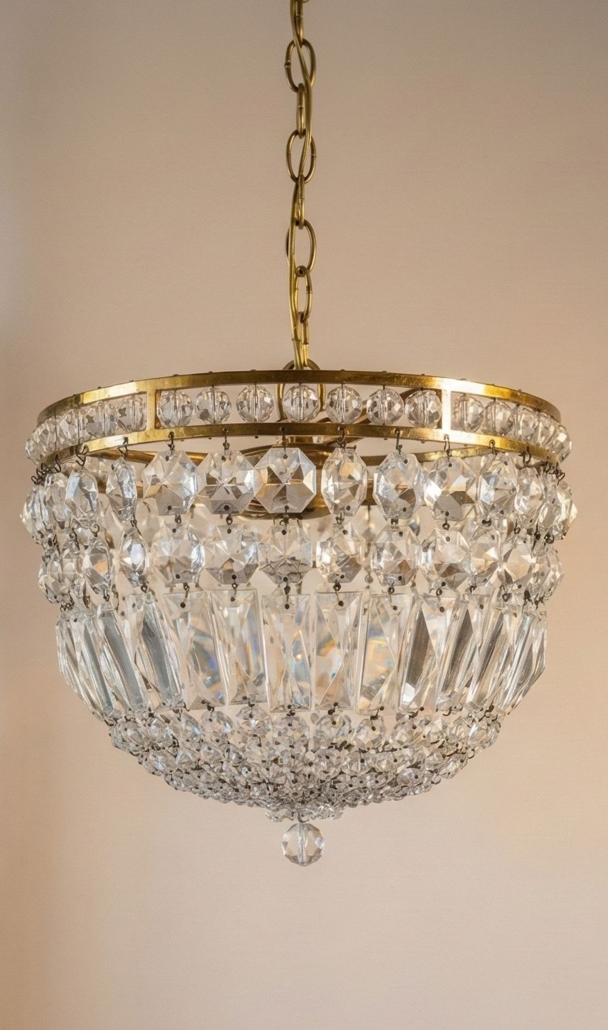 Vintage Brass & Crystal/Glass "Empire" Bag Chandelier – 3 Light With Coffin Drops
