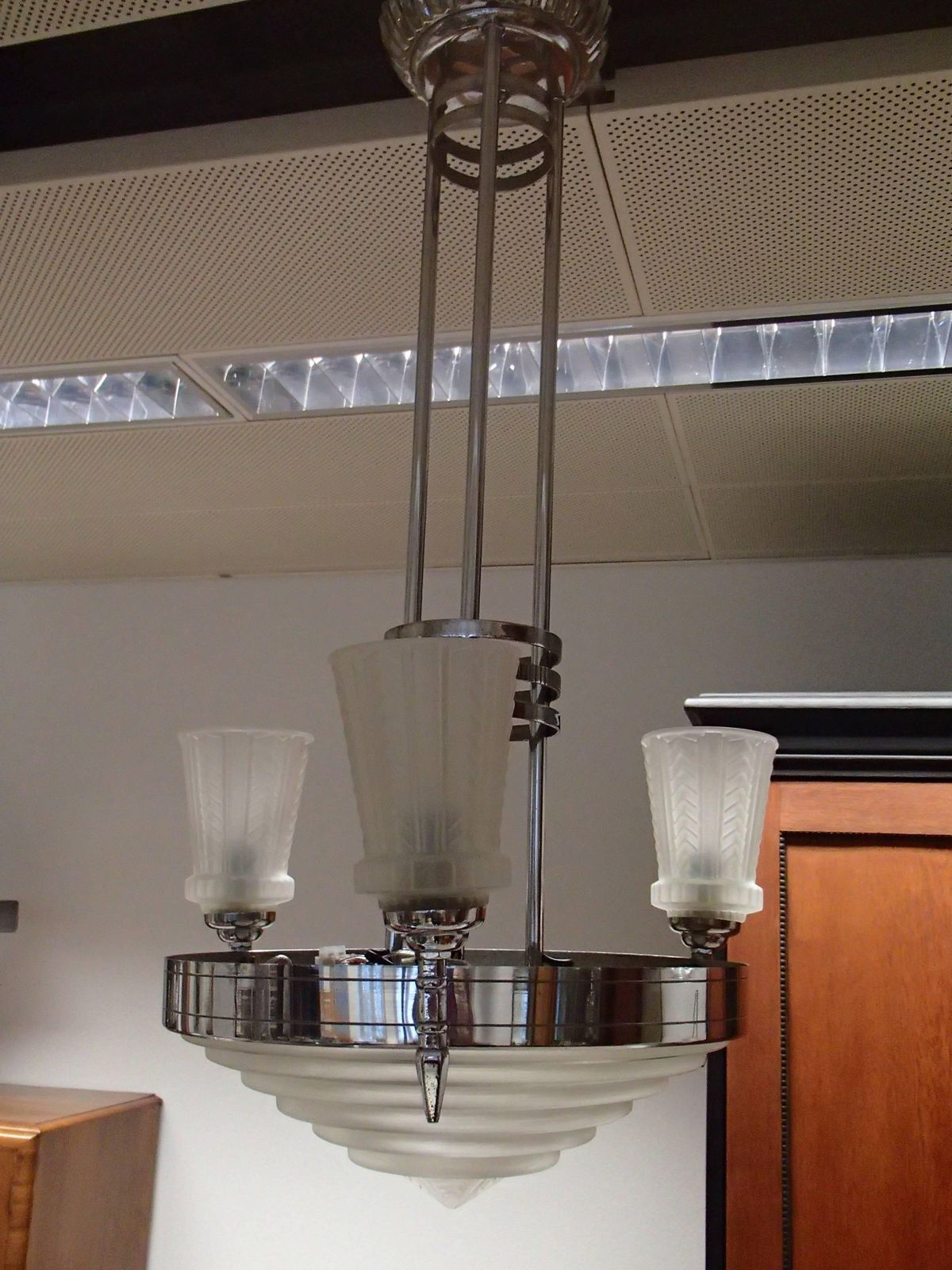 1930 Chandelier By G. Leleu Chromed Brass Stained Glass photo furniture