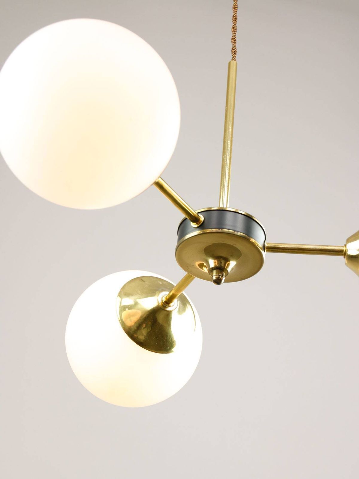 Mid Century Modern Italian Chandelier In Brass And Opaline Glass, 1960s. photo vintage