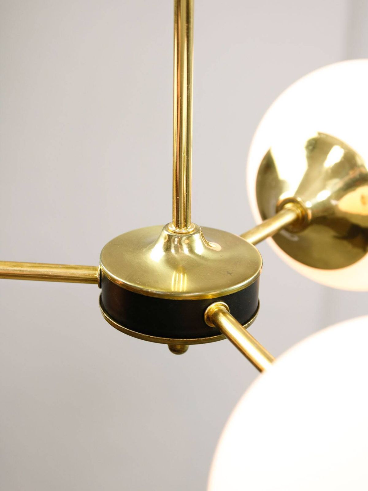 photo buy Mid Century Modern Italian Chandelier In Brass And Opaline Glass, 1960s.
