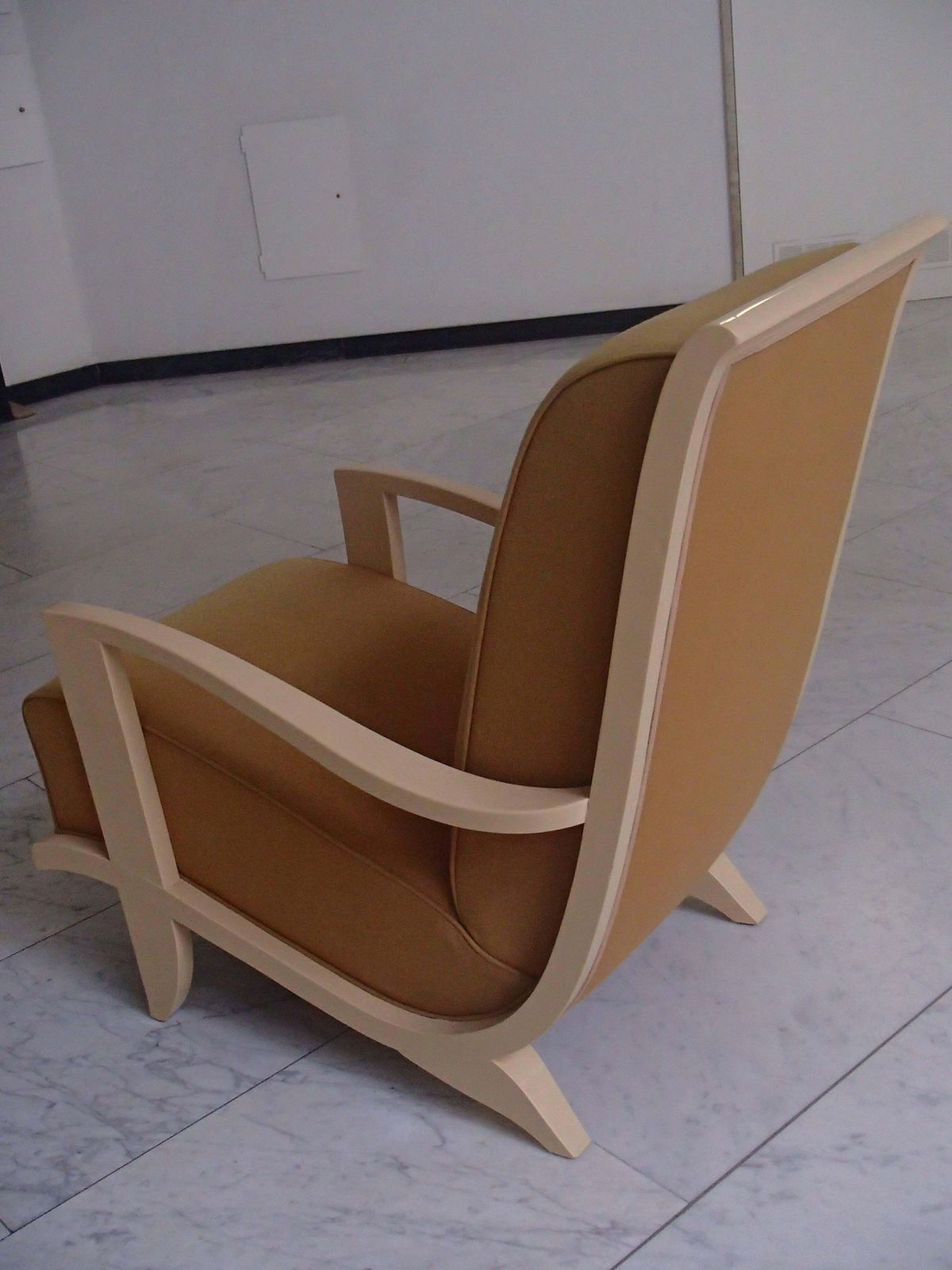 1940s Streamline Lounge Chair Ivory Wood Mustard Wool Tissue photo for sale