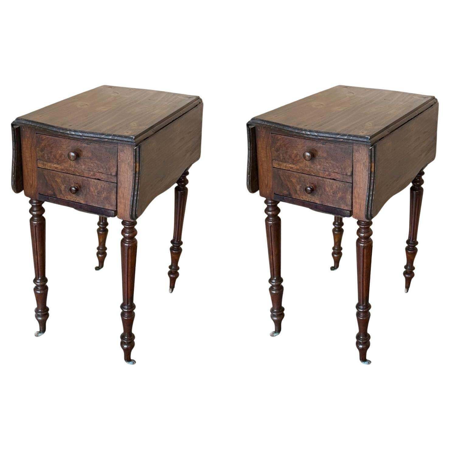 Pair Of Victorian Wood Drop Leaf Side Tables With Turned Legs And Wheels