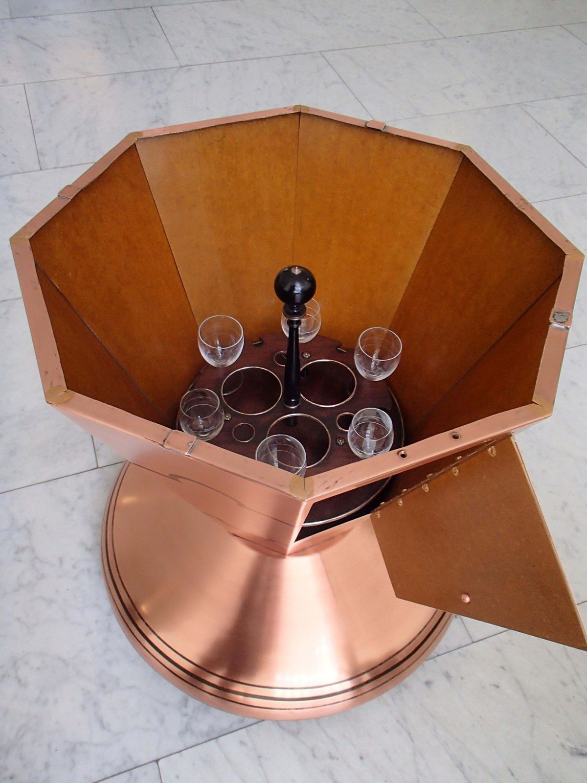 Art Deco Copper Bar Table On Wheels With Turnable Tray Inside And Glass Top photo vintage