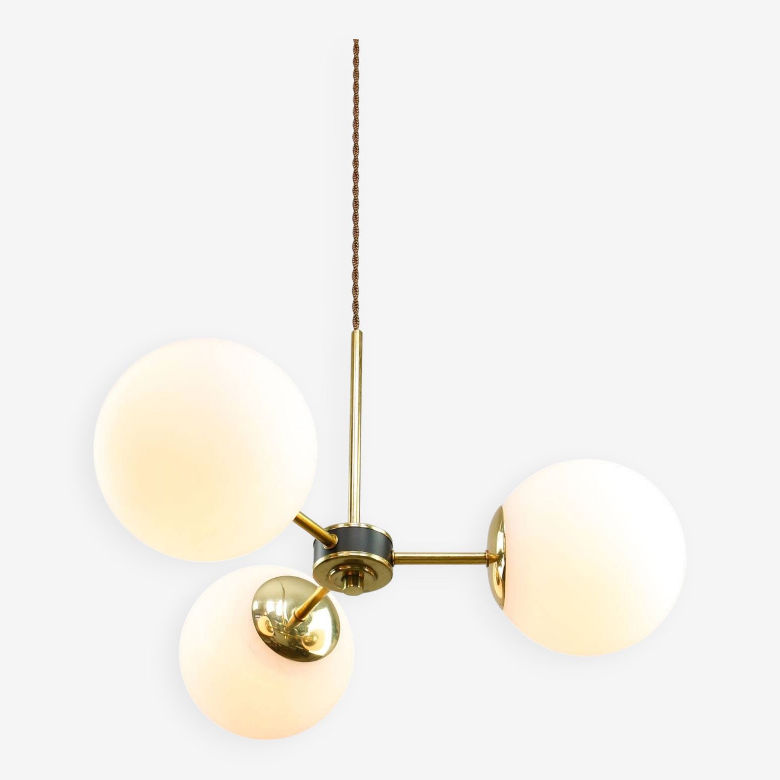 Mid Century Modern Italian Chandelier In Brass And Opaline Glass, 1960s