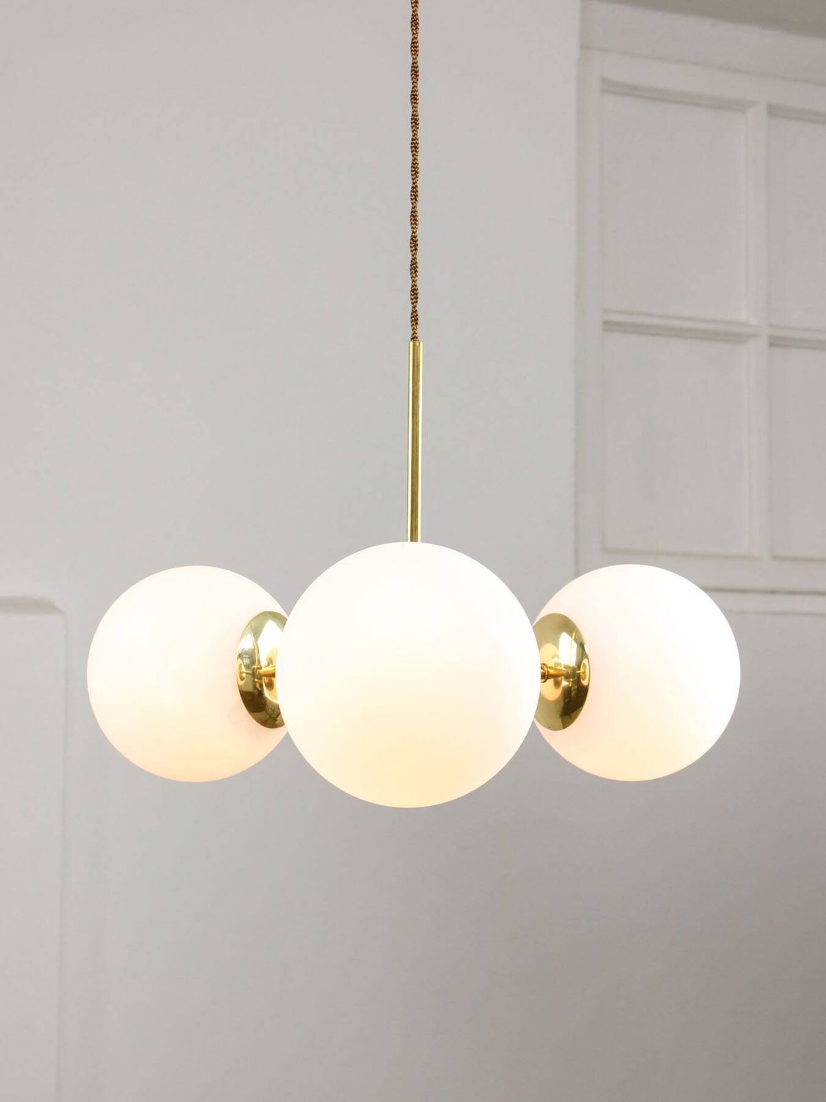 Mid Century Modern Italian Chandelier In Brass And Opaline Glass, 1960s photo Lighting