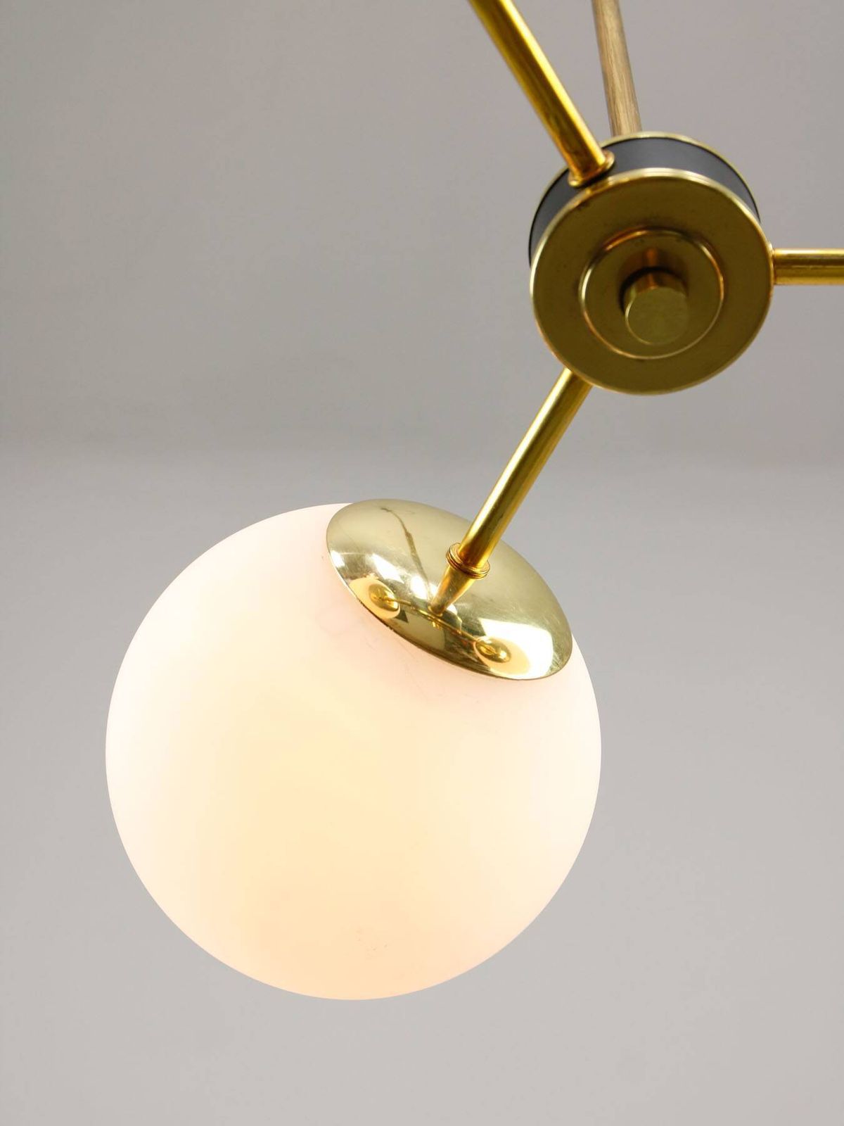 photo for sale Mid Century Modern Italian Chandelier In Brass And Opaline Glass, 1960s