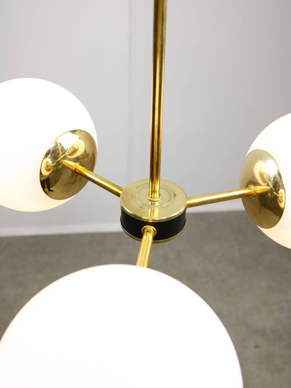 Lighting Mid Century Modern Italian Chandelier In Brass And Opaline Glass, 1960s photo