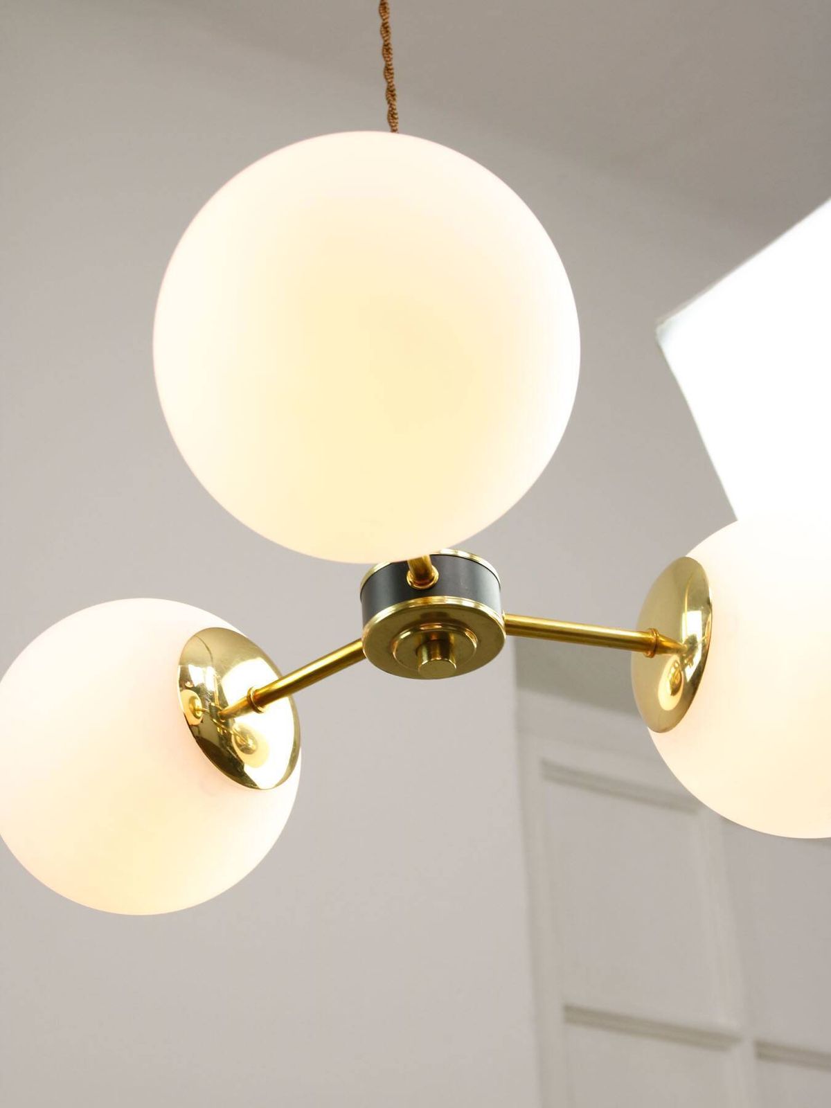 540.0 Mid Century Modern Italian Chandelier In Brass And Opaline Glass, 1960s photo