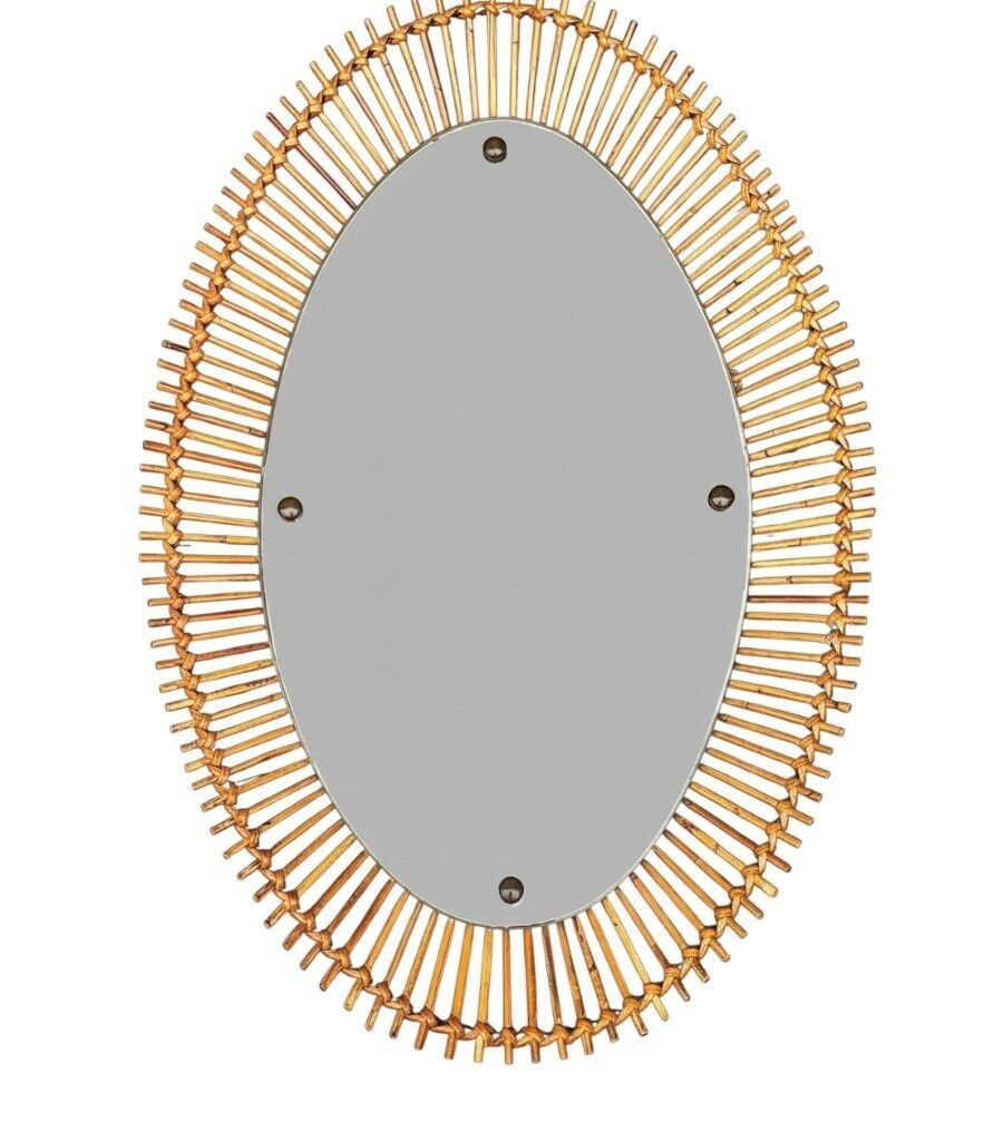 photo for sale A Large 1960s Bonacina Italian Oval Pencil Reed Bamboo Mirror With Brass Detail