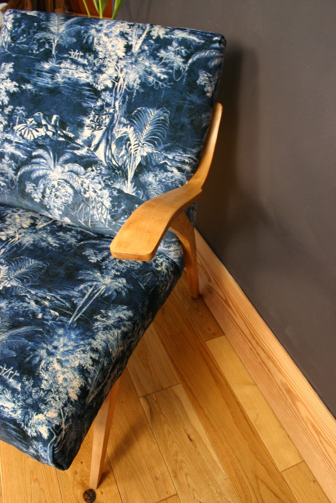 Mid Century Armchair Reupholstered In Linwood Velvet   Sculptural Oak Frame   1950s Modern Design photo vintage