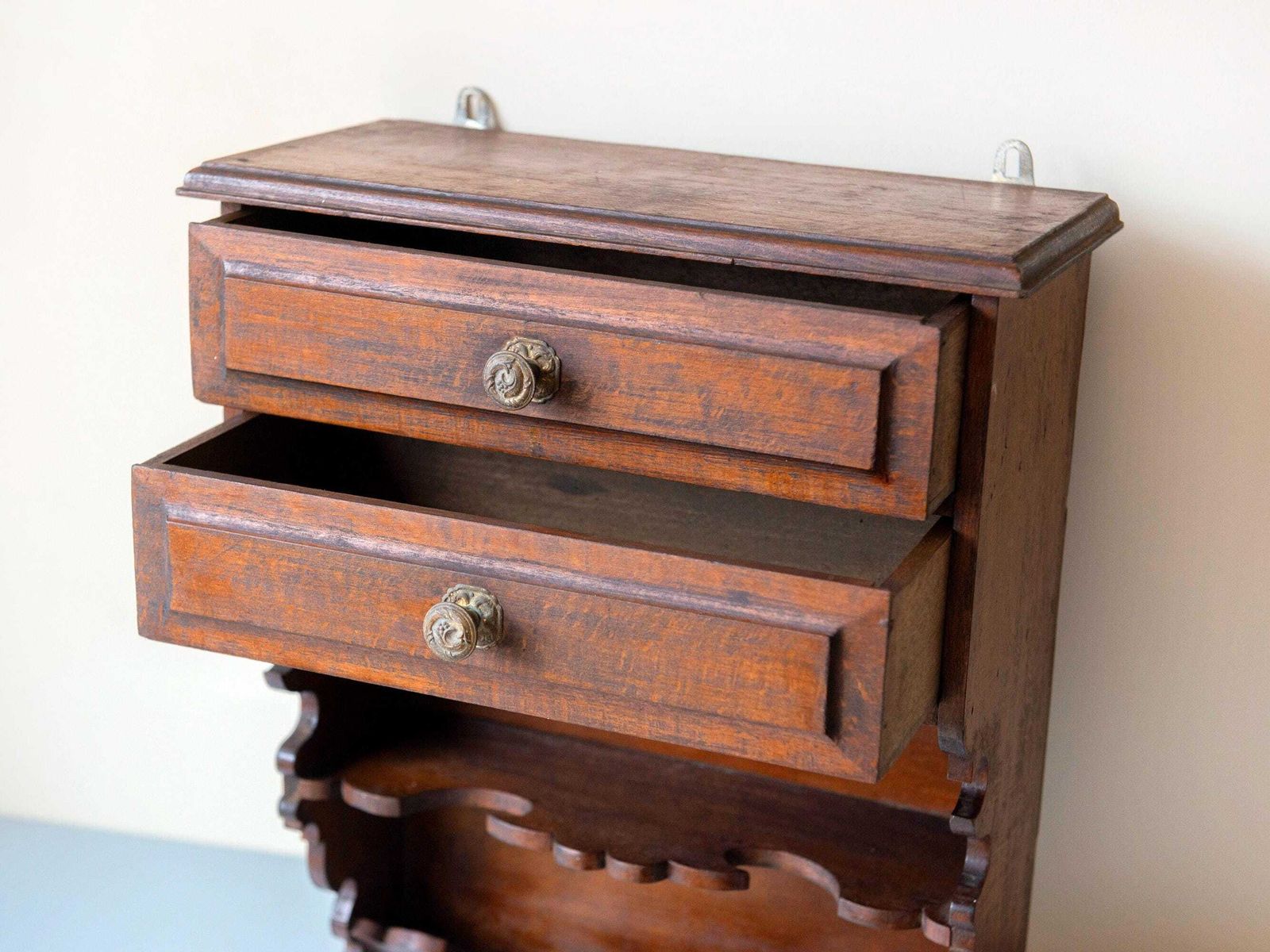 Antique Oak Hanging Cabinet With Two Drawers   Victorian Wall Unit photo furniture
