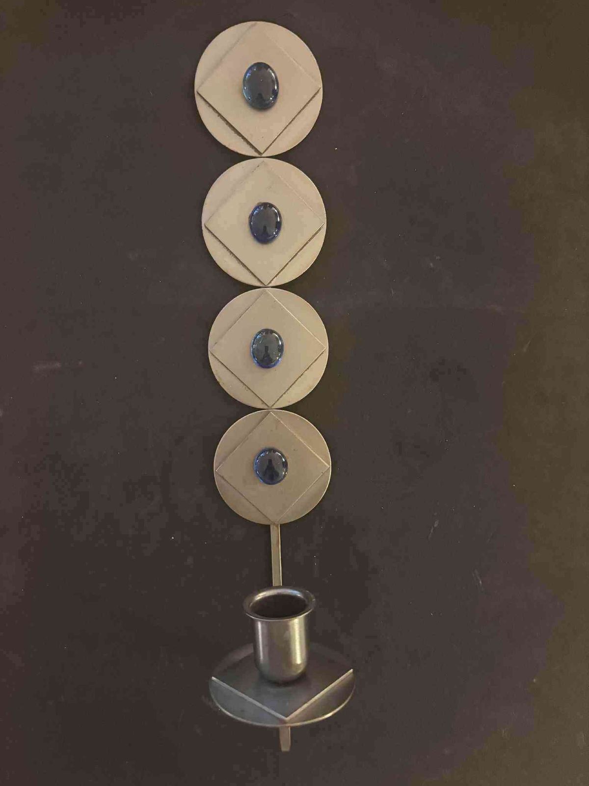 Wall Hanging Rare Scandinavian Brutalist / Industrial Wall Candle Holder With Blue Glass Cabochons – Sweden C.1960 photo vintage